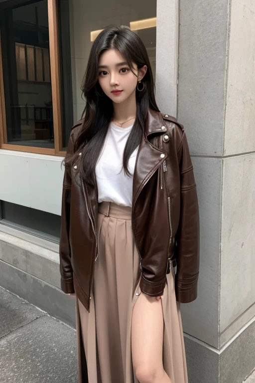 a woman standing in a maxi brown leather jacket, ulzzang, Hermosa joven coreana, Chica coreana, Sakimichan, Hermosa mujer surcoreana, Asian girl with long hair, con el pelo largo, dilraba dilmurat, Heonhwa Choe, Gongbi, Hermosa joven coreana