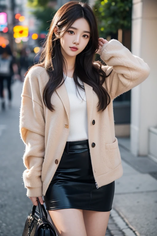 a woman standing in a maxi brown leather jacket, ulzzang, Hermosa joven coreana, Chica coreana, Sakimichan, Hermosa mujer surcoreana, Asian girl with long hair, con el pelo largo, dilraba dilmurat, Heonhwa Choe, Gongbi, Hermosa joven coreana