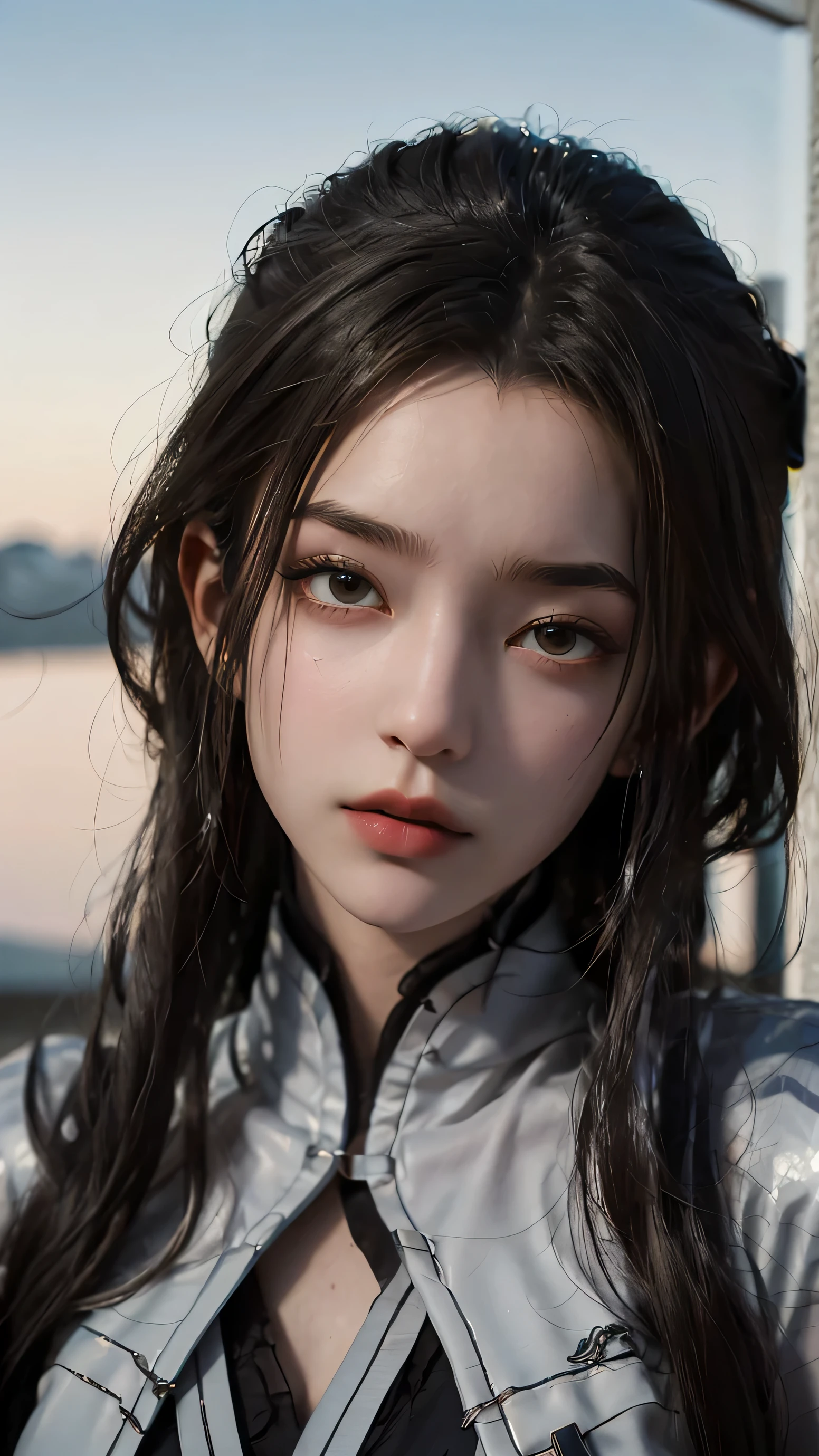 a 20 yo woman, sort hair, dark theme, soothing tones, muted colors, high contrast, (natural skin texture, hyperrealism, soft light, sharp)