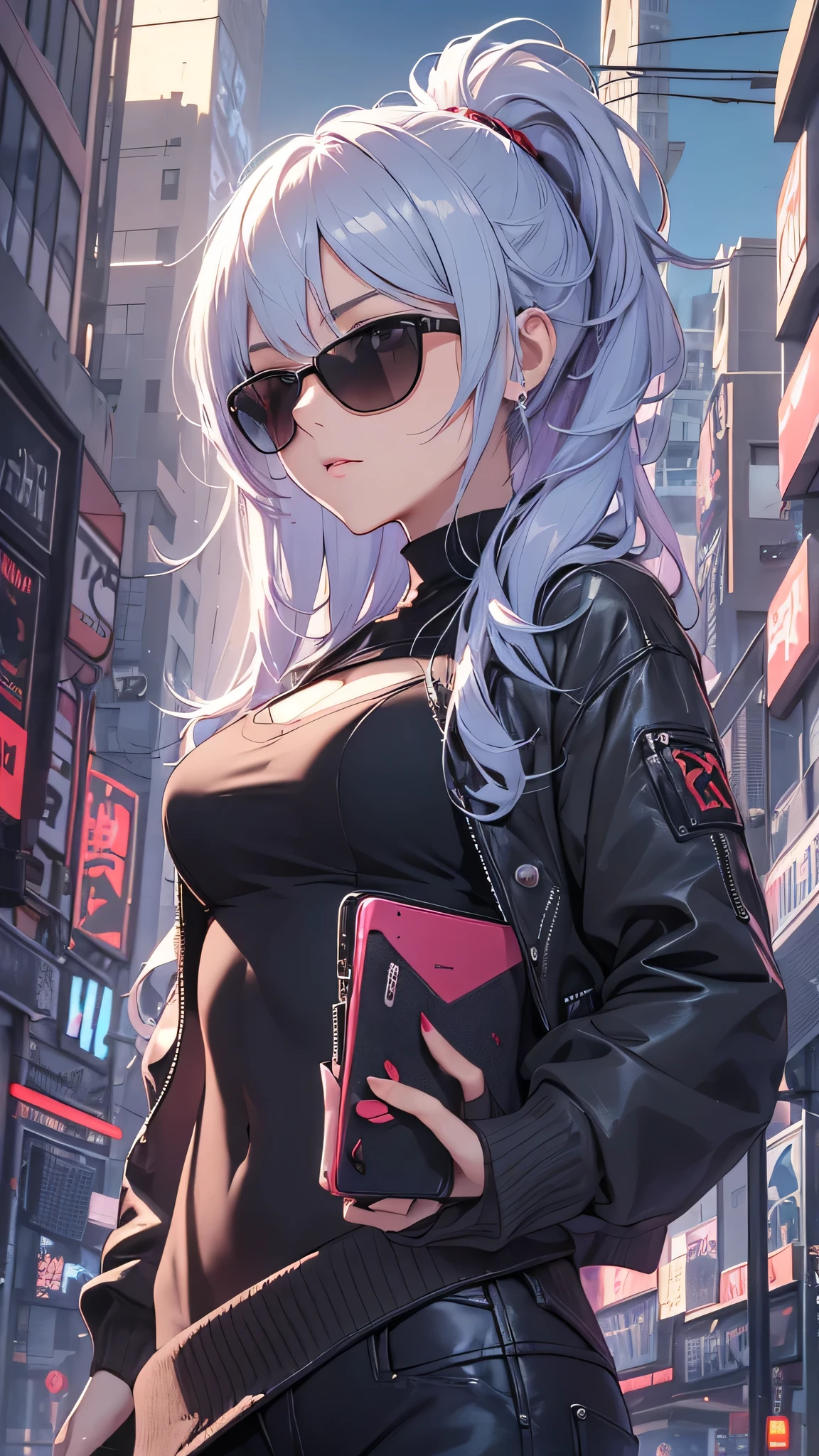 最high quality、best image quality、masterpiece、girl((20-year-old、 By becoming、vest bust、medium bust,wide open breast tea、shining eyes, light blue hair、long hair、thin,highest valley、ponytail、action of looking up、right arm bandage、Black shirt with wide open chest、berry shorts、cool pose、holding a black smartphone、Cyber Sunglasses)),high quality、beautiful art、background((cyberpunk city、punk house))、Flight、debris flies、Depth of written boundary、movie、visual art、perfect art、8k,genuine、