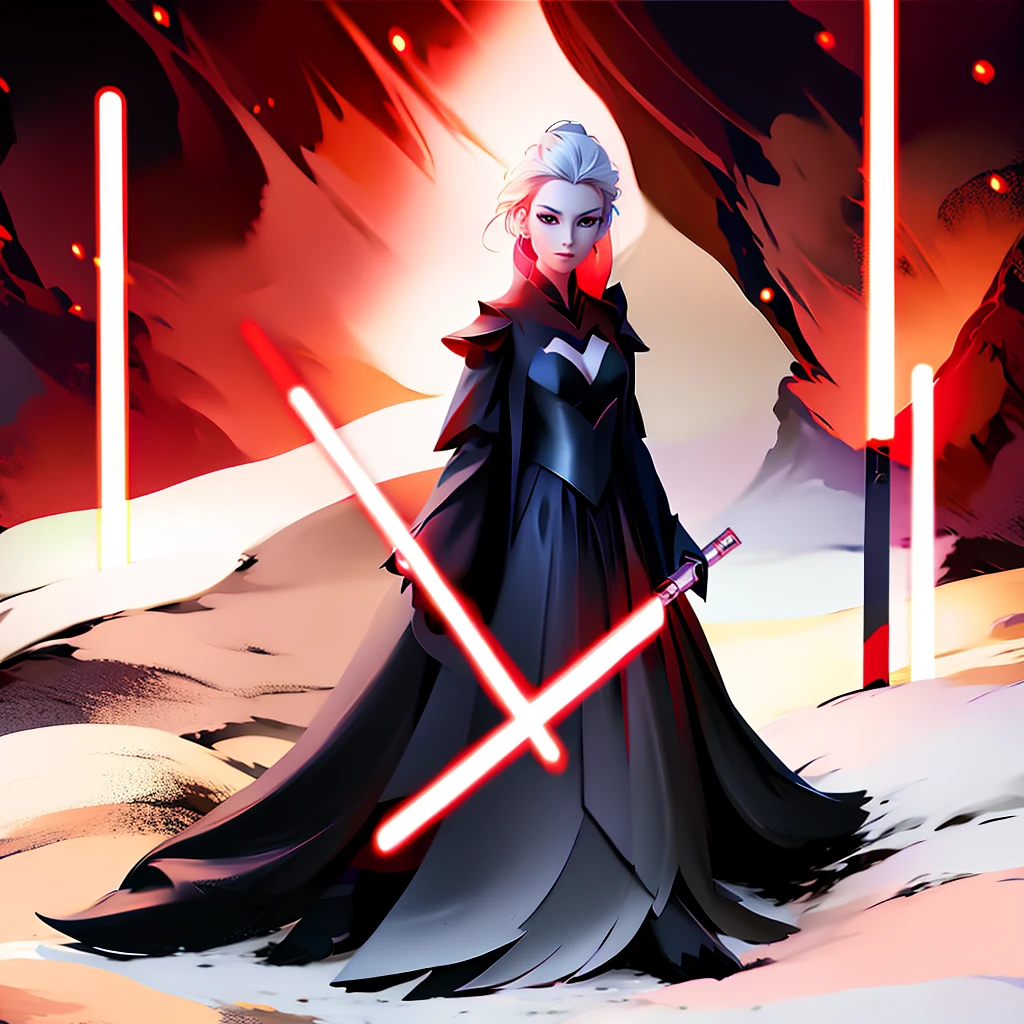 Elsa princess from Frozen dressed in a black Sith robe and holding a red Star Wars-style lightsaber in her hands, with the clone army in the background