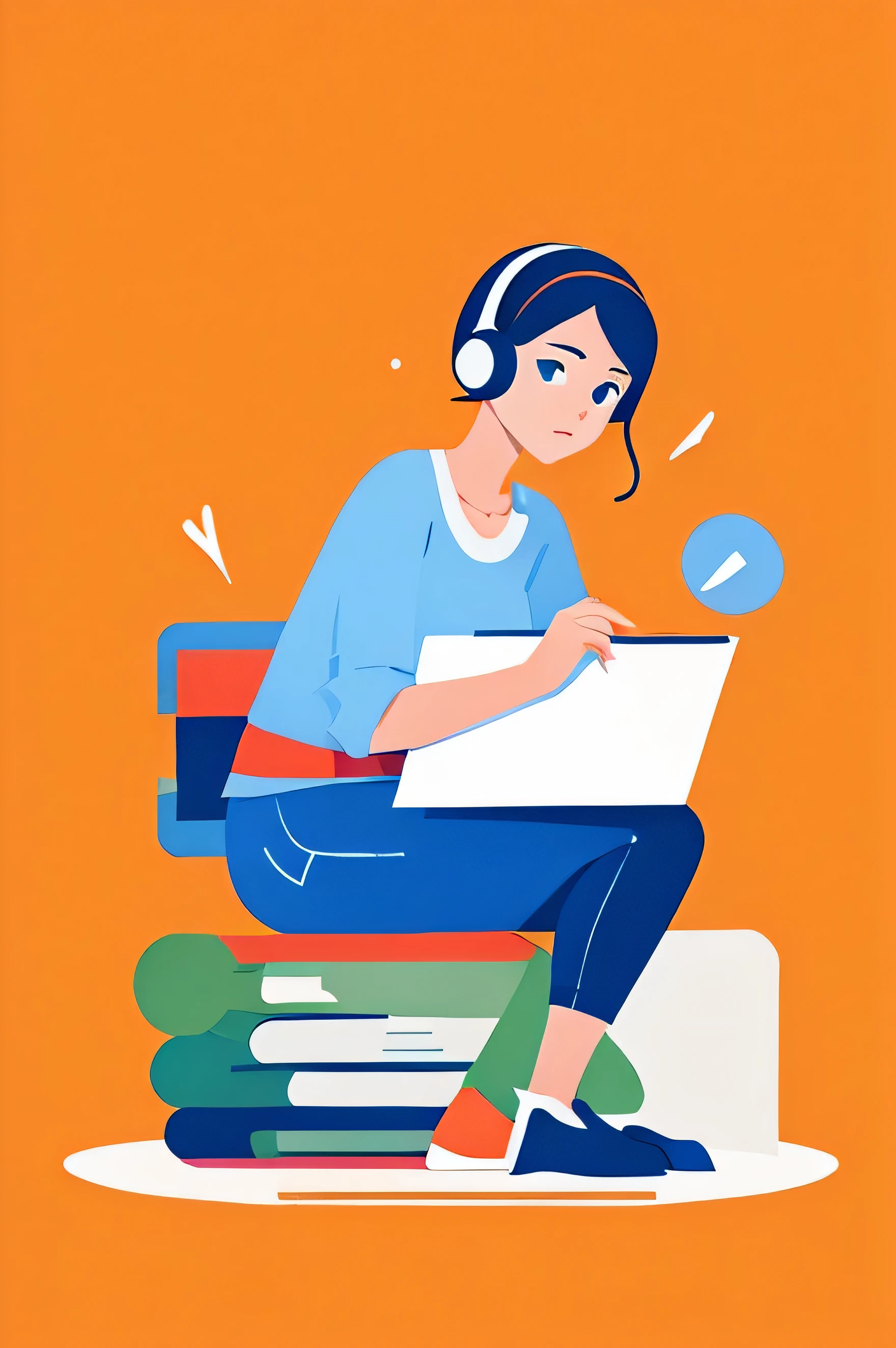 Une femme assise sur une pile de quatre livres avec un ordinateur portable sur ses jambes. Elle est concentrée, eyes directed up and to the left with determination. She is wearing headphones with speakers, symbolisant son immersion dans la langue espagnole. Les livres sous elle affichent des couleurs de base telles que le rouge, le jaune et le vert, avec une mention "apprendre l'espagnol". Autour de la femme, le drapeau espagnol et des symboles de l'Espagne gravitent. pas de fond.