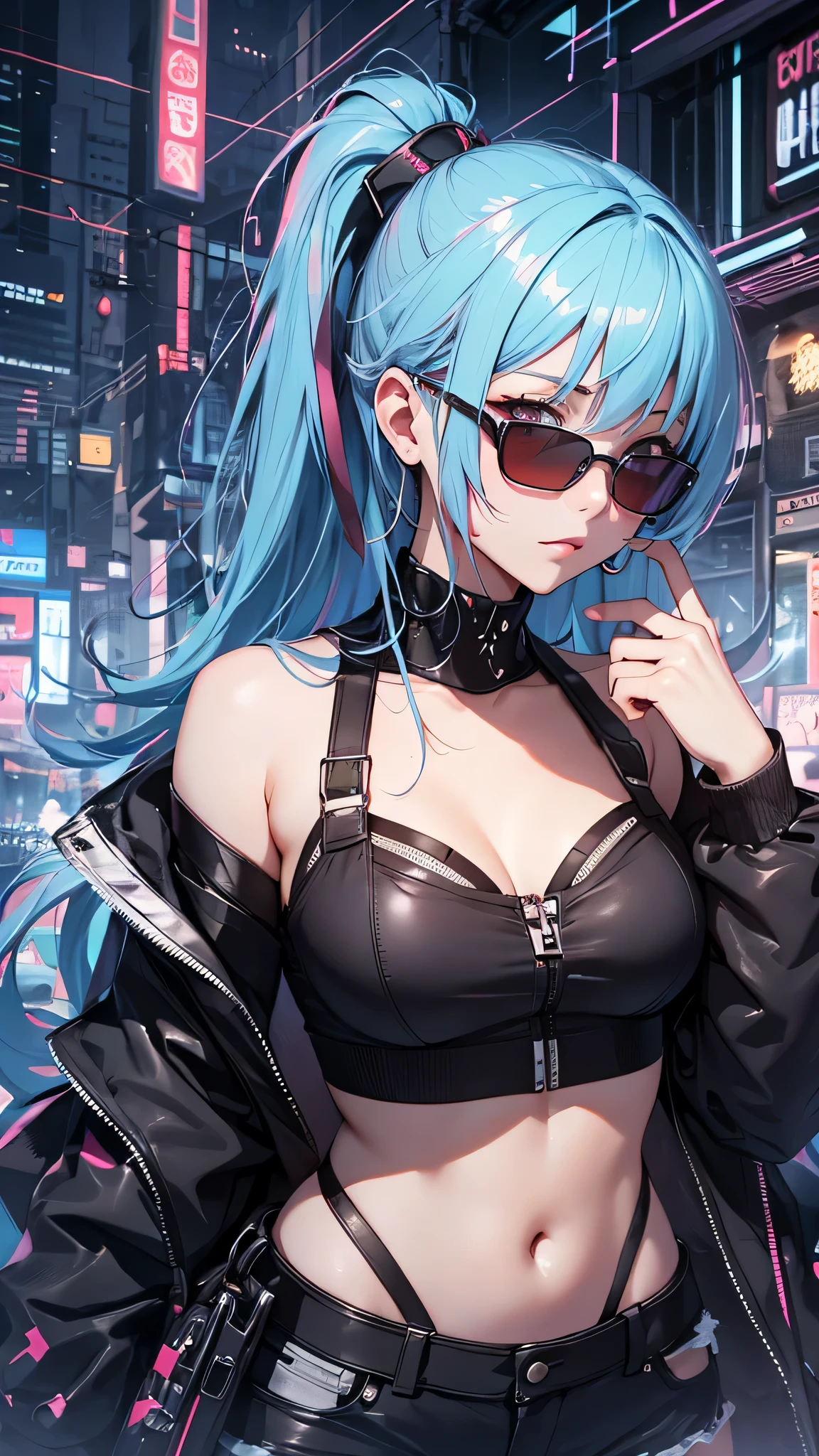 最high quality、best image quality、masterpiece、girl((20-year-old、 By becoming、vest bust、medium bust,wide open breast tea、shining eyes, light blue hair、long hair、thin,highest valley、ponytail、action of looking up、right arm bandage、Black shirt with wide open chest、berry shorts、cool pose、holding a black smartphone、Cyber Sunglasses)),high quality、beautiful art、background((cyberpunk city、punk house))、Flight、debris flies、Depth of written boundary、movie、visual art、perfect art、8k,genuine、