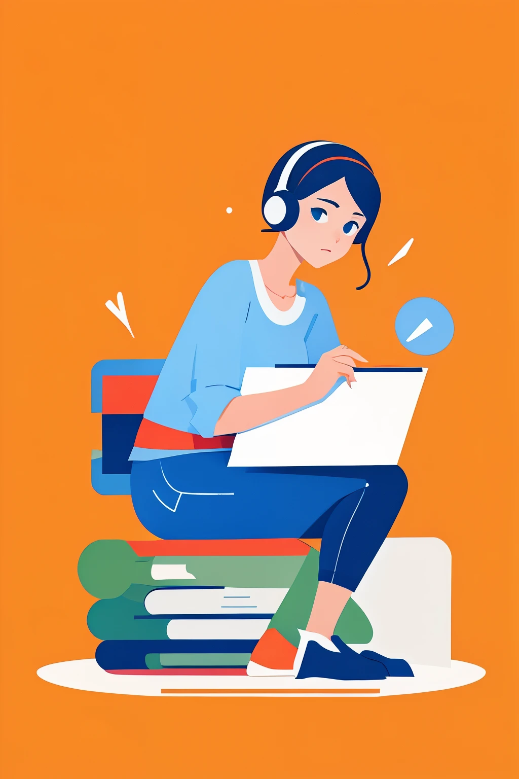 Une femme assise sur une pile de quatre livres avec un ordinateur portable sur ses jambes. Elle est concentrée, eyes directed up and to the left with determination. She wears headphones with speakers, symbolisant son immersion dans la langue espagnole. Les livres sous elle affichent des couleurs de base telles que le rouge, le jaune et le vert, avec une mention "apprendre l'espagnol". Autour de la femme, le drapeau espagnol et des symboles de l'Espagne gravitent. No background.