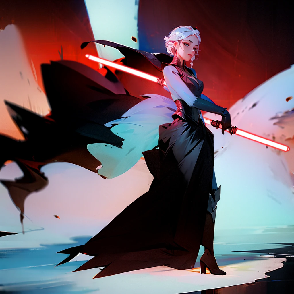 Elsa princess from Frozen dressed in a black Sith robe and holding a red Star Wars-style lightsaber in her hands, with the clone army in the background