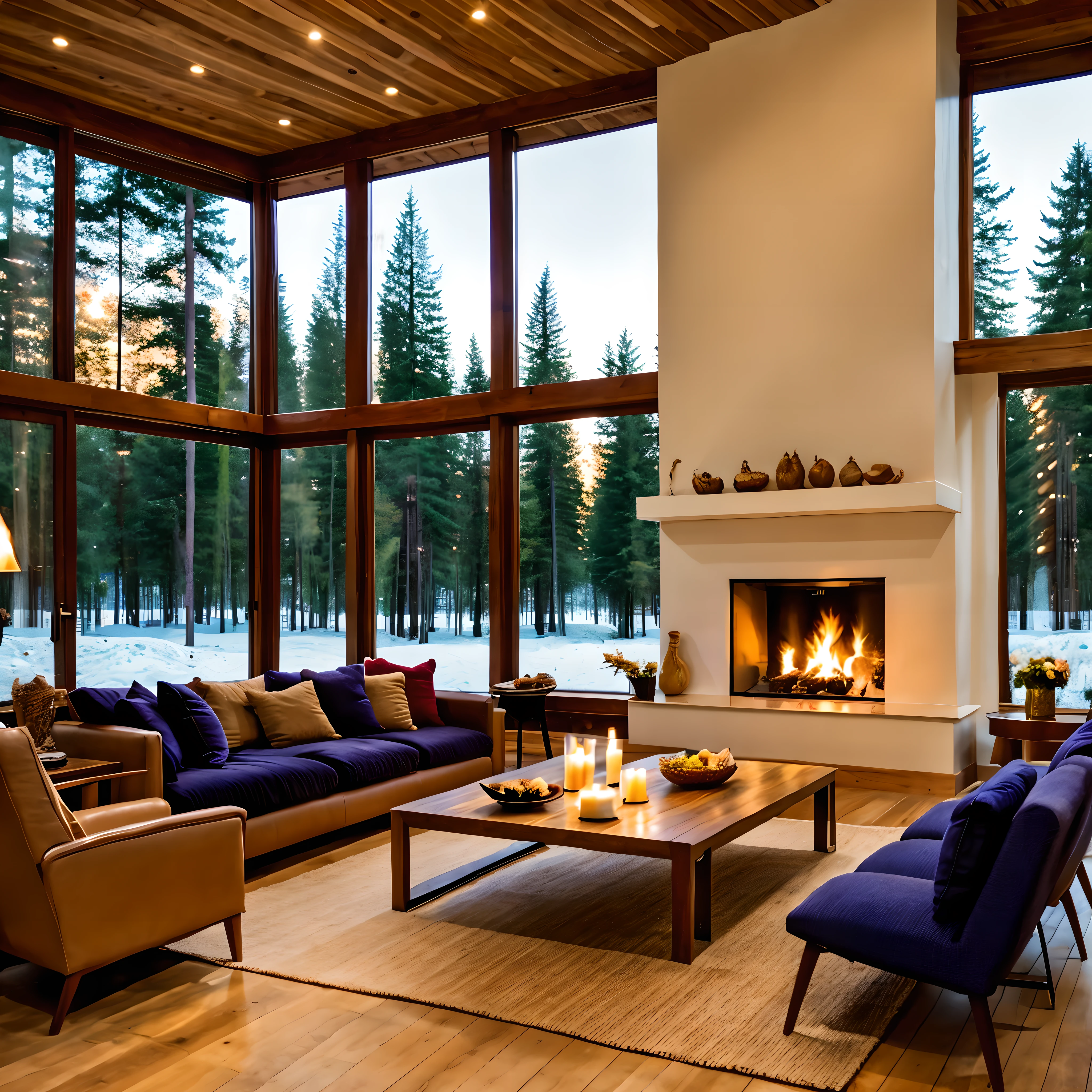 Describe a room in a pleasant house, prepared for a romantic dinner by the warm glow of candles and the fireplace, with a large television and expansive windows offering a view of the serene outdoors. The interior of the house is meticulously crafted from carefully selected and blended wood, striking a balance between modernism and sophistication. The room is not cluttered with excessive furniture, creating an intimate atmosphere by the fireplace. The scene is set for a cozy evening, with the ambiance perfect for a romantic occasion, capturing the imagination and stirring the soul, 4k