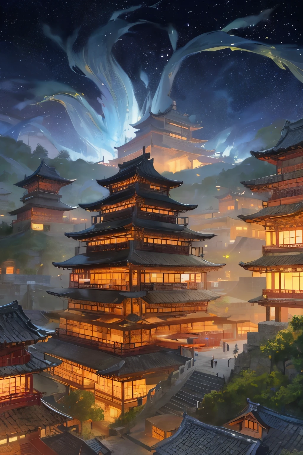 In the dark regions of ancient China, a beautifully intricate architecture stands out against the night sky. The old Chinese buildings, with their reasonable structures and meticulously HD details, exude an air of mystery and enchantment. The moonshine casts an ethereal glow upon the landscape, creating a mesmerizing scene. Particle effects dance around, adding a touch of magic to the surroundings.
The masterpiece of this first-class quality painting transports you back in time to the days of old China. The white background offers a serene and clean canvas for the exquisite details of the Chinese architecture to shine. With each brushstroke, the perfect work comes to life, revealing the beauty and aesthetics solo. The single building has a majestic layout from a bird's-eye view. There is only one close-up view of the building looking up.