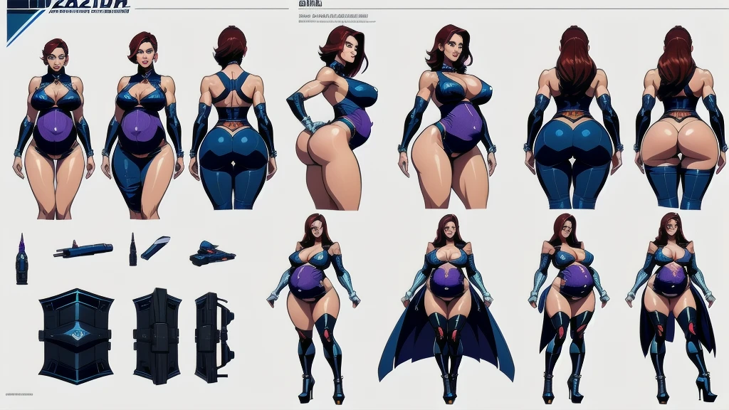 (character design sheet of dog robot) realistic, detailed, camera eyes, Metallic face and skin, bold head, no hair, flexible armor, standing posture, light background, vibrant colors, professional concept art style, high resolution, studio lighting, fine details, gun, Machine guns, shield, swords, Bazooka Cannon, missiles, Missile pods, Communicator, Energy pods, Ammunition magazines , dynamic pose, gigantic breasts, huge ass(character design sheet of gigantic busty pregnant) realistic, detailed, luxurious jewelry, glamorous makeup, sexy and revealing outfits, low heels, curvy body shape, confident posture, fashionable accessories, stylish hair, standing posture, light background, vibrant colors, professional concept art style, high resolution, studio lighting, fine details, dynamic pose,