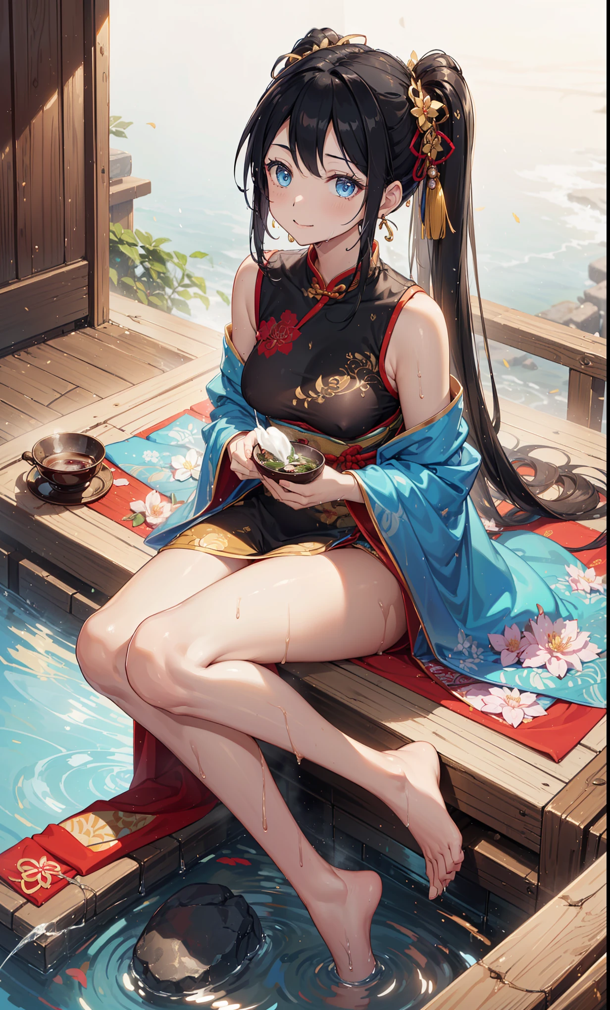 top quality，best resolution，(Pure black long cheongsam，yellow texture），Super detailed, She has a pair of golden ponytails，20-year-old young girl，gorgeous的雕纹，Design intricate clothes，blue eyes，she has earrings, wealth，gorgeous，Vision, Vision，Elegant and charming，Mildly curvy figure，((白色的soaking wet的透明的吊带袜)),((soaking wet，Adjacent to ancient Chinese hot springs))，night，little lighting，posture