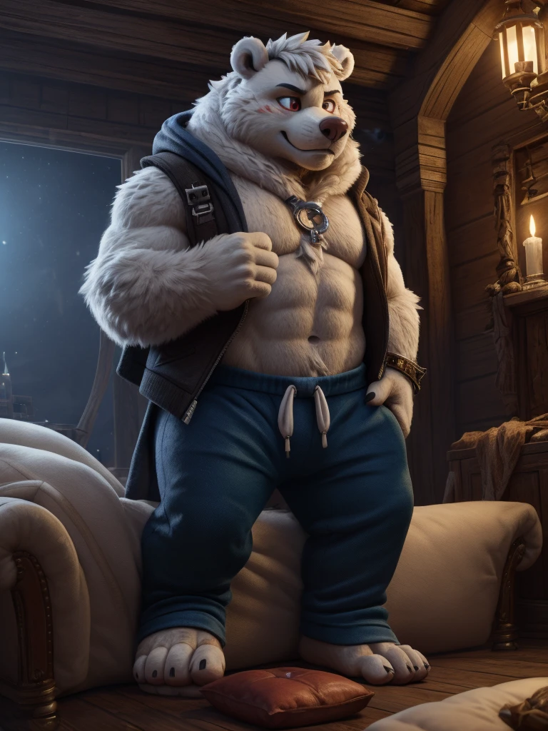 ((( furry character, full body, furry male.))) furry ice bear boy in blue pyjama with long pants lies on sofa watching tv, feet up, hypnotised, soft red glow in eyes, detailed fur, (((wears black socks on feet with red spiral on soles))) BREAK, detailed background, 8K, (masterpiece:1.5), intricate details, highly detailed, extreme detail, octane render, 3d animation, realistic, fine art, best quality, highres, (detailed face:1.5), ((full_body)), UHD, (((perfect hands))), low ligth:1.2