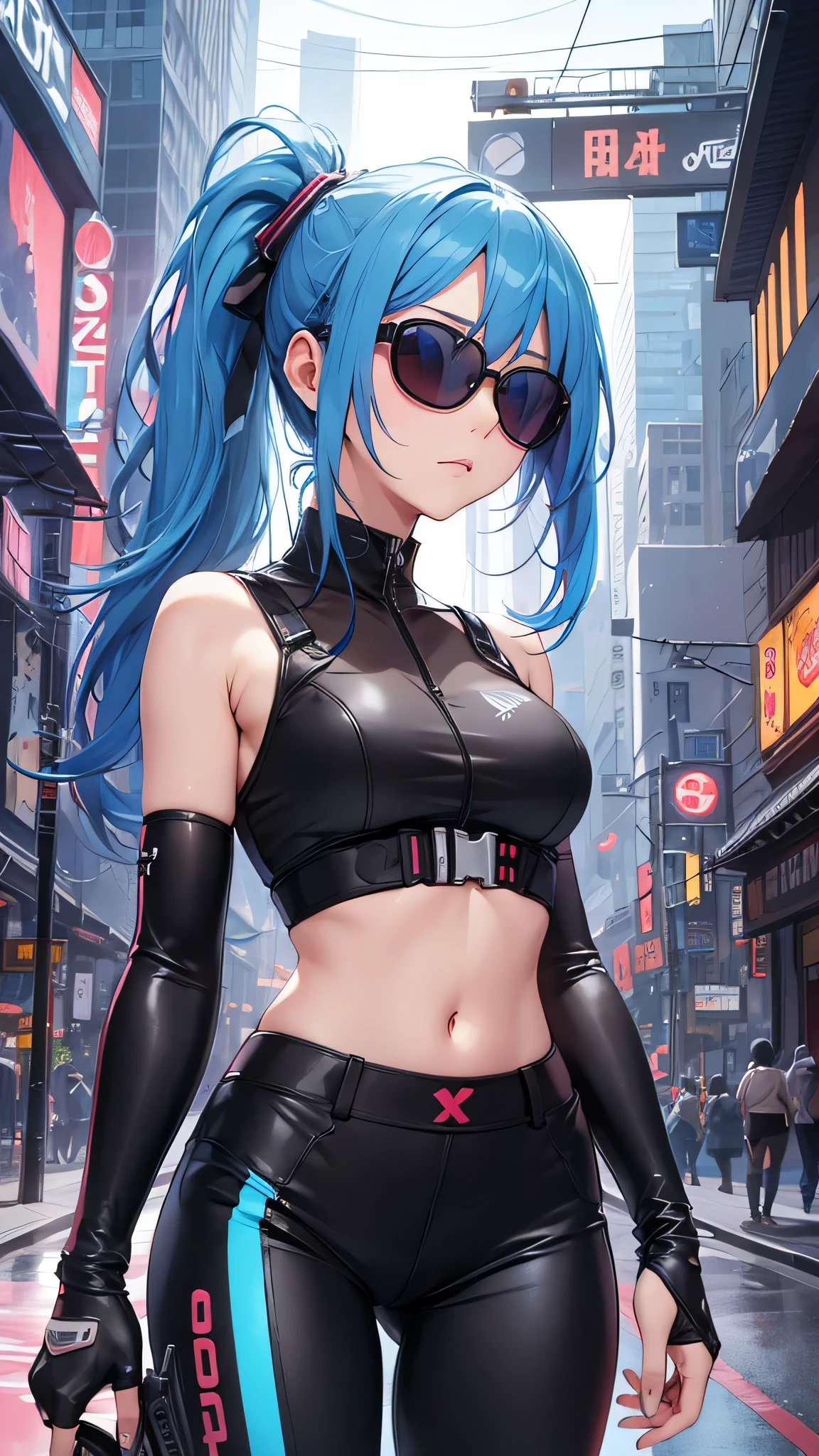 最high quality、best image quality、masterpiece、girl((20-year-old、 By becoming、vest bust、medium bust,wide open breast tea、shining eyes, light blue hair、long hair、thin,highest valley、ponytail、action of looking up、right arm bandage、Black shirt with wide open chest、berry shorts、cool pose、holding a black smartphone、Cyber Sunglasses、Ride a cool bike、Run)),high quality、beautiful art、background((cyberpunk city、punk house))、Flight、debris flies、Depth of written boundary、movie、visual art、perfect art、8k,genuine、