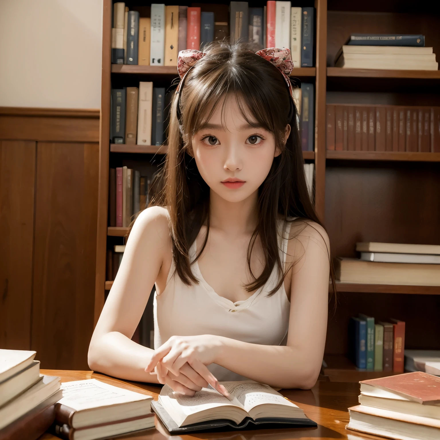 (8k, 4K, Highest quality,Ultra-high resolution:1.1), (masterpiece, Realistic, photo-Realistic:1.1), One girl, , Twin tails, , Iris, (View your viewers:1),, Long eyelashes,, small 顔, Big eyes,, High Contrast,Japanese,Tube top,Refers to 4 books