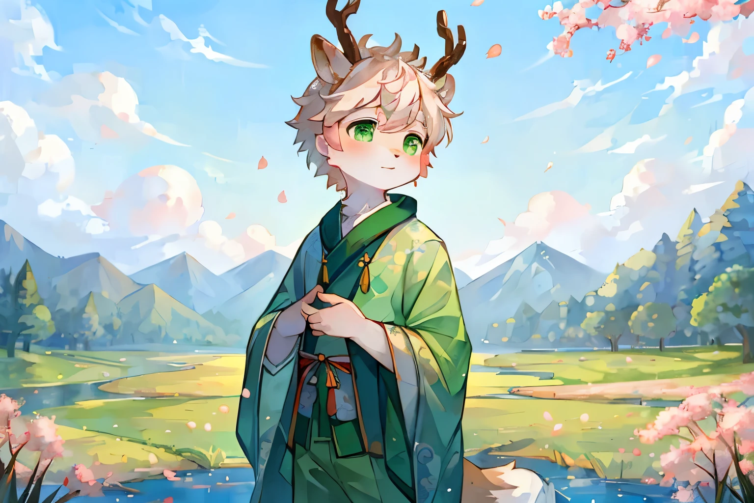 a white deer,Green pupils,antlers,peach tree,Falling peach blossoms,Pink petals,grassland,Sunlight,blue sky,Baiyun,cute,Shota,green clothing,facing the audience,Petals fall all over the sky,river,shawl,Hanfu,Chinese traditional clothing,Pastoral scenery,clear face