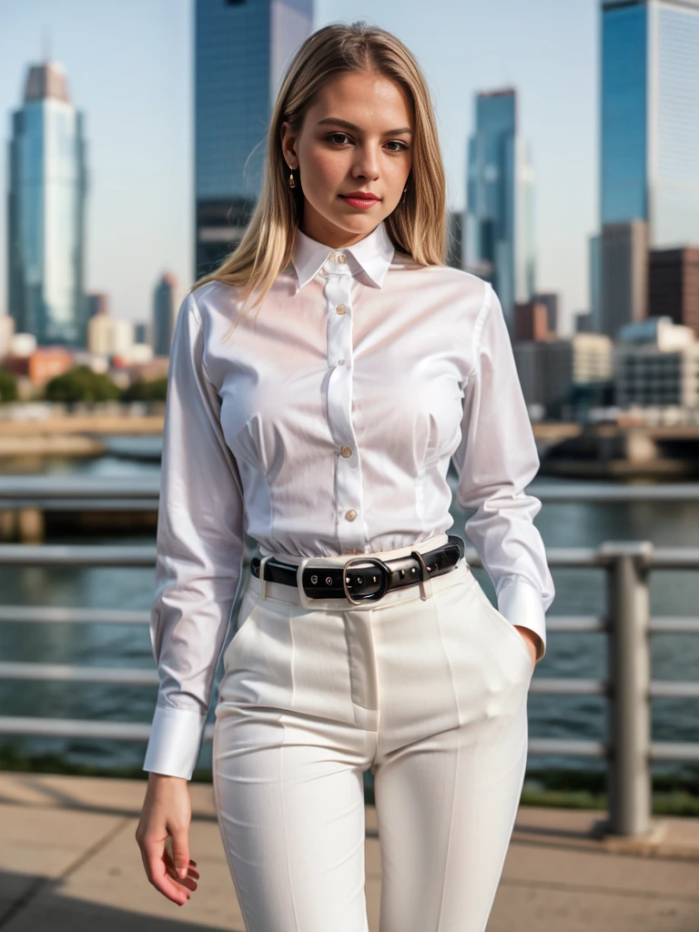 beautiful photograph of a smart looking 1girl, solo, wearing a crisp (white, collared shirt), fine fabric emphasis, perfectly defined button detailing, (((black high-waisted pants))), belt, diamond stud earrings, long sleek blonde hair, brown eyes, freckles, sensual smile, slender figure, outdoors, standing against a city skyline at midnight, cowboy shot, full body shot, photographed on a Fujifilm XT3, 80mm F/1.7 prime lens, cinematic film still, cinestill 500T, highly detailed, masterpiece, highest quality, intricately detailed, HDR, 8k, uhd, photorealistic