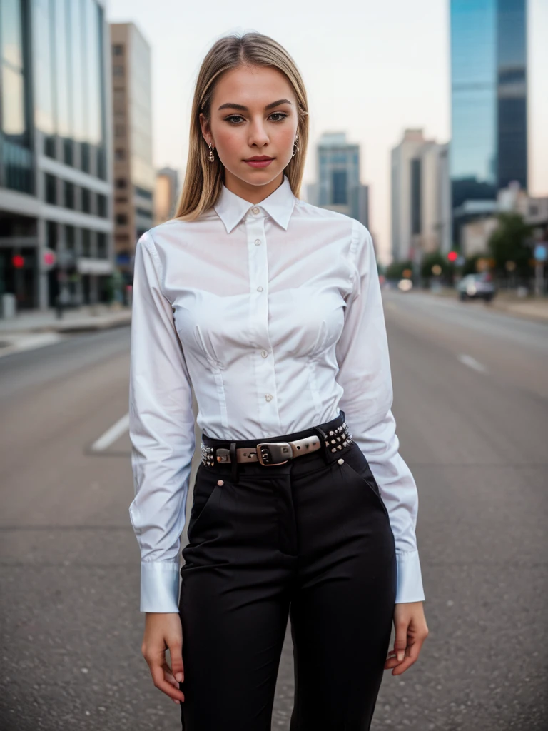 beautiful photograph of a smart looking 1girl, solo, wearing a crisp (white, collared shirt), fine fabric emphasis, perfectly defined button detailing, (((black high-waisted pants))), belt, diamond stud earrings, long sleek blonde hair, brown eyes, freckles, sensual smile, slender figure, outdoors, standing against a city skyline at midnight, cowboy shot, full body shot, photographed on a Fujifilm XT3, 80mm F/1.7 prime lens, cinematic film still, cinestill 500T, highly detailed, masterpiece, highest quality, intricately detailed, HDR, 8k, uhd, photorealistic