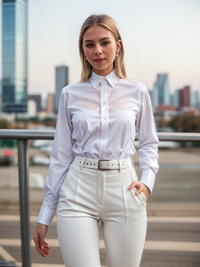 beautiful photograph of a smart looking 1girl, solo, wearing a crisp (white, collared shirt), fine fabric emphasis, perfectly defined button detailing, (((black high-waisted pants))), belt, diamond stud earrings, long sleek blonde hair, brown eyes, freckles, sensual smile, slender figure, outdoors, standing against a city skyline at midnight, cowboy shot, full body shot, photographed on a Fujifilm XT3, 80mm F/1.7 prime lens, cinematic film still, cinestill 500T, highly detailed, masterpiece, highest quality, intricately detailed, HDR, 8k, uhd, photorealistic