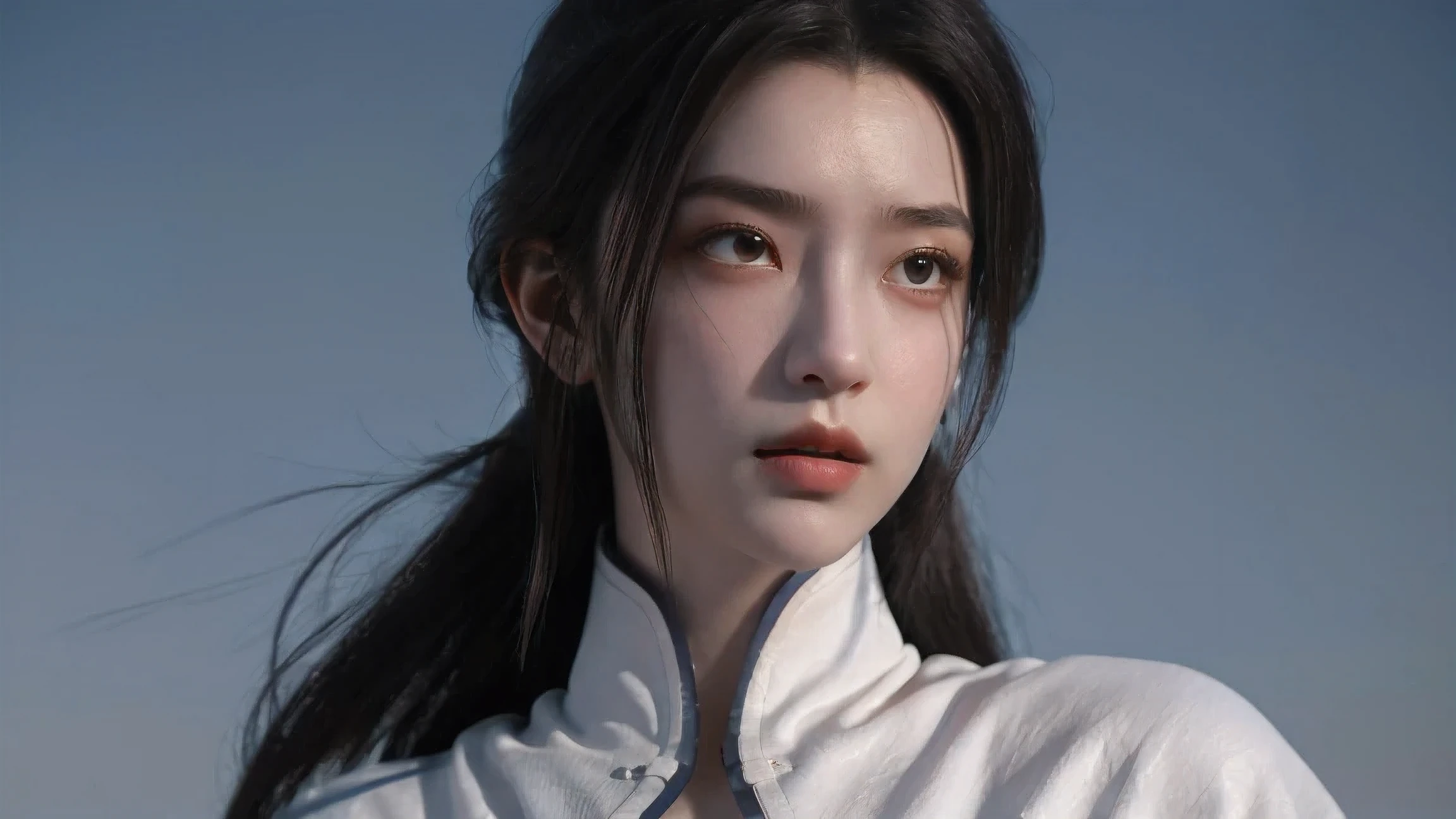 a 20 yo woman, sort hair, dark theme, soothing tones, muted colors, high contrast, (natural skin texture, hyperrealism, soft light, sharp), modern medieval, white outfits, mad, dead eye, realistic face, chinese warriror