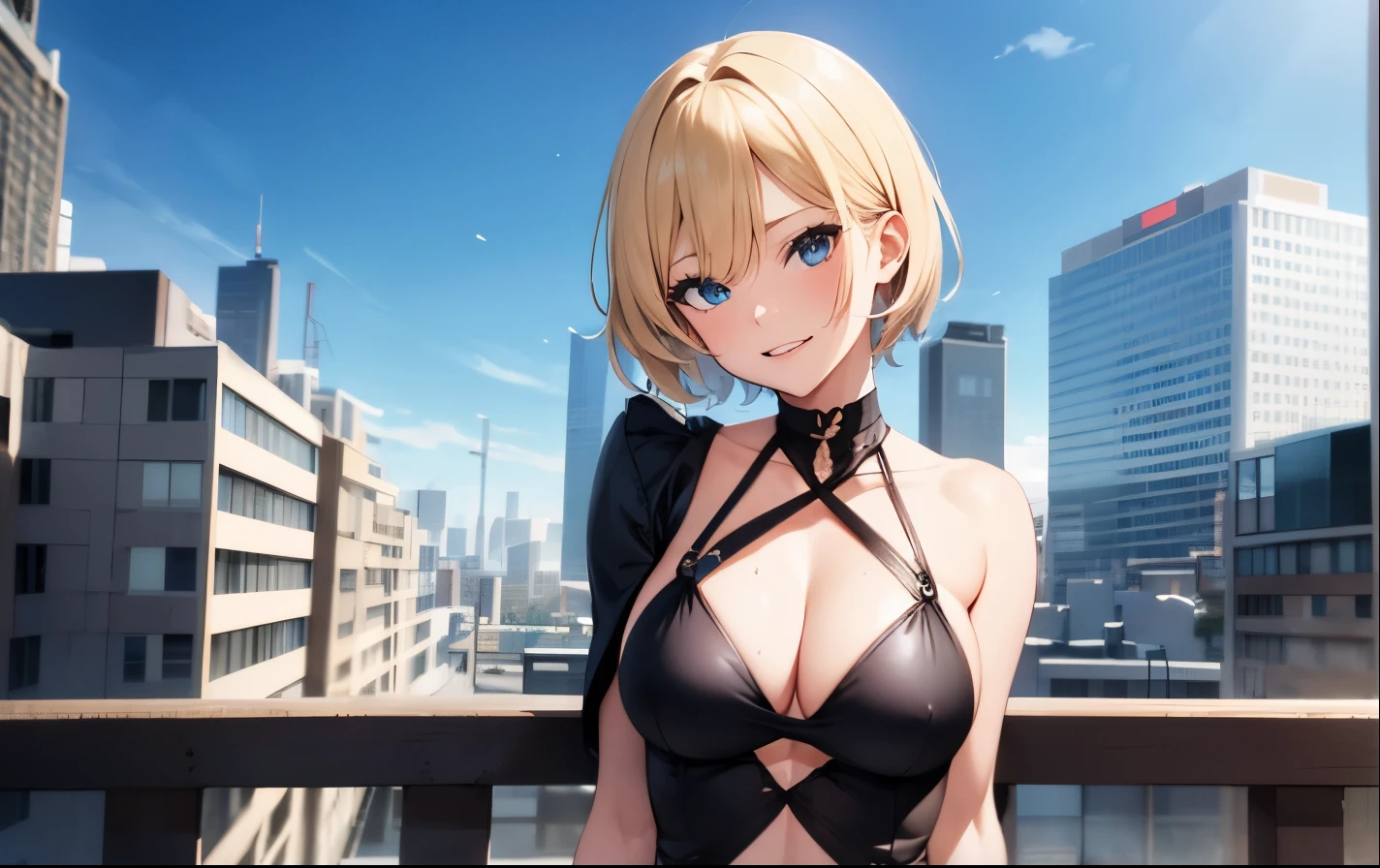 High resolution, 2D anime style,,Blue eyes beautiful eyes,high and beautiful nose,thin face,blonde boyish short hair,cool adult woman,chest is a little big,She looks very happy,bite'lips, she was laughing so much,she narrows her eyes,Fashion that shows cleavage,I'Iは窓辺でイヤホンを耳に入れて勉強しています.,London morning skyline