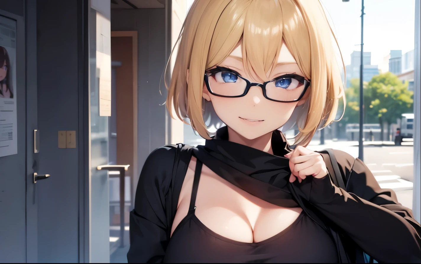 High resolution, 2D anime style,,Blue eyes beautiful eyes,high and beautiful nose,thin face,blonde boyish short hair,cool adult woman,chest is a little big,She looks very happy,bite'lips, she was laughing so much, she wears glasses,she narrows her eyes,Fashion that shows cleavage,I'Iは窓辺でイヤホンを耳に入れて勉強しています.,London morning skyline