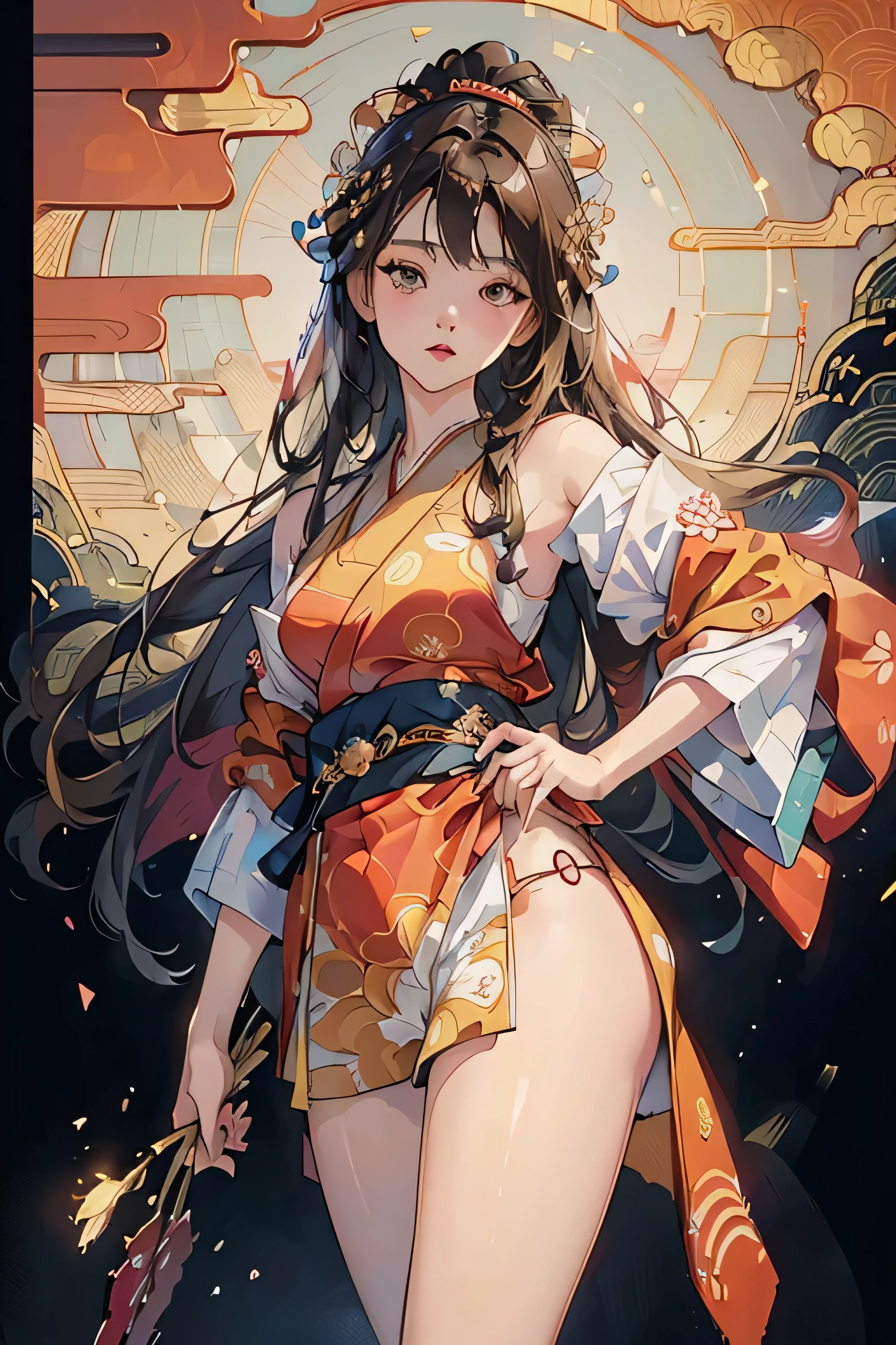 ((8k wallpaper of extremely detailed CG unit, masterpiece, hight resolution, top-quality, top-qualityのリアルテクスチャスキン)), (a very beautiful woman, Plump lips, The upper part of the body, Japanese pattern blouson:1.2, Japanese pattern micro mini shorts:1.2), (A dark-haired, hair messy, de pele branca, small tit), ((Colorful background with geometric patterns, Japanese pattern background, warm color)), (hyper realisitic, digitial painting),nsfw,slender body shape,