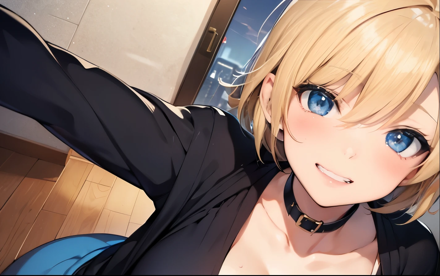 High resolution, 2D anime style,,Blue eyes beautiful eyes,high and beautiful nose,thin face,blonde boyish short hair,cool adult woman,chest is a little big,She looks very happy,bite'lips, she was laughing so much,she narrows her eyes,Fashion that shows cleavage,I'Iは窓辺でイヤホンを耳に入れて勉強しています.,London morning skyline
