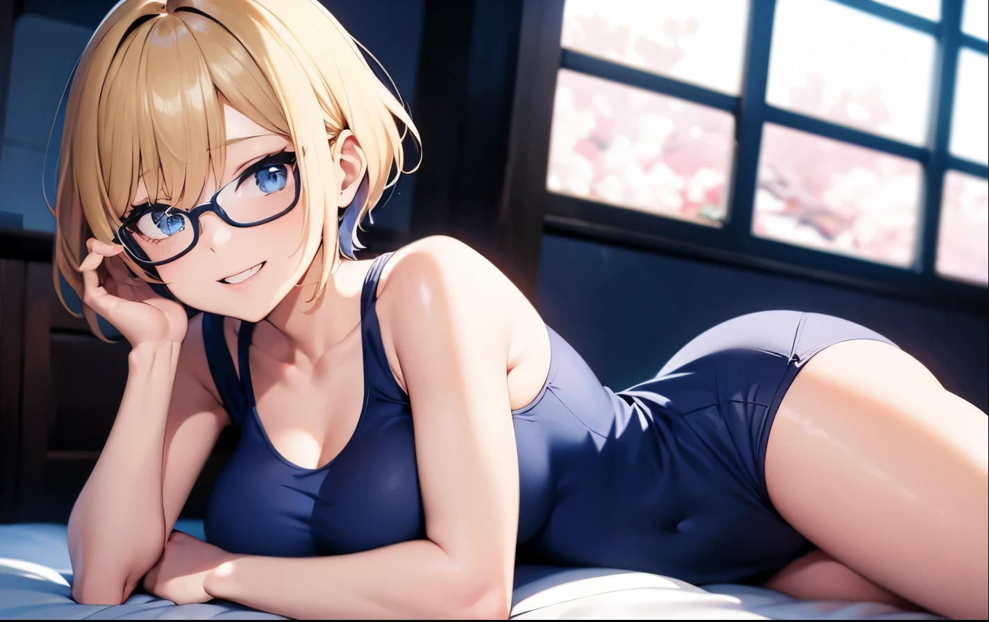 High resolution, 2D anime style,,Blue eyes beautiful eyes,high and beautiful nose,thin face,blonde boyish short hair,cool adult woman,chest is a little big,She looks very happy,bite&#39;lips, she was laughing so much, she wears glasses,she narrows her eyes,Fashion that shows cleavage,I&#39;Iは窓辺でイヤホンを耳に入れて勉強しています.,London at night
