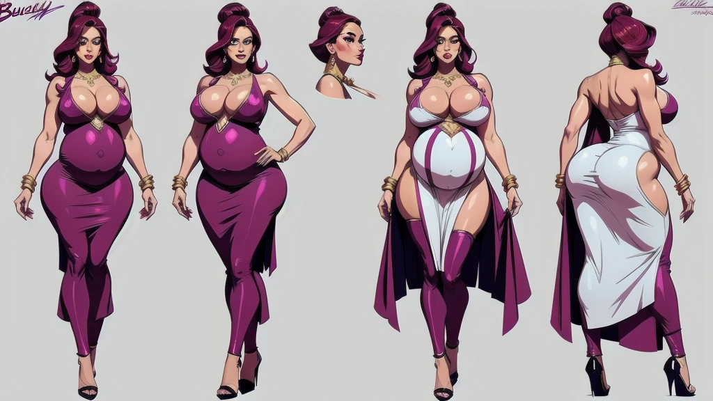 (character design sheet of gigantic busty pregnant) realistic, detailed, luxurious jewelry, glamorous makeup, sexy and revealing outfits, low heels, curvy body shape, confident posture, fashionable accessories, stylish hair, standing posture, light background, vibrant colors, professional concept art style, high resolution, studio lighting, fine details, dynamic pose