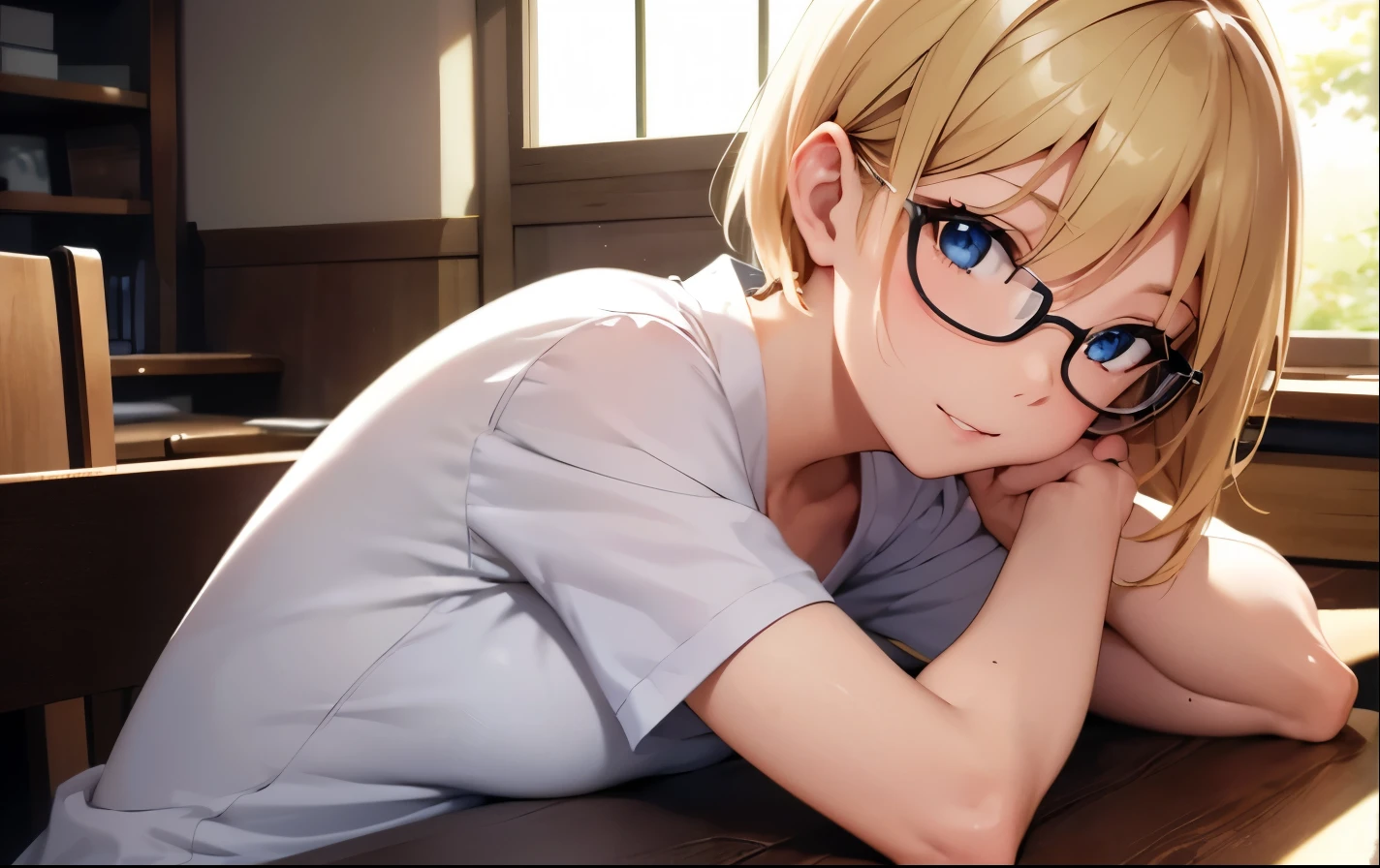High resolution, 2D anime style,,Blue eyes beautiful eyes,high and beautiful nose,thin face,blonde boyish short hair,cool adult woman,chest is a little big,She looks very happy,bite'lips, she wears glasses,she narrows her eyes,Fashion that shows cleavage,study at a desk by the window,sit on a chair,I'Iはイヤホンをつけています,In a forest house surrounded by nature