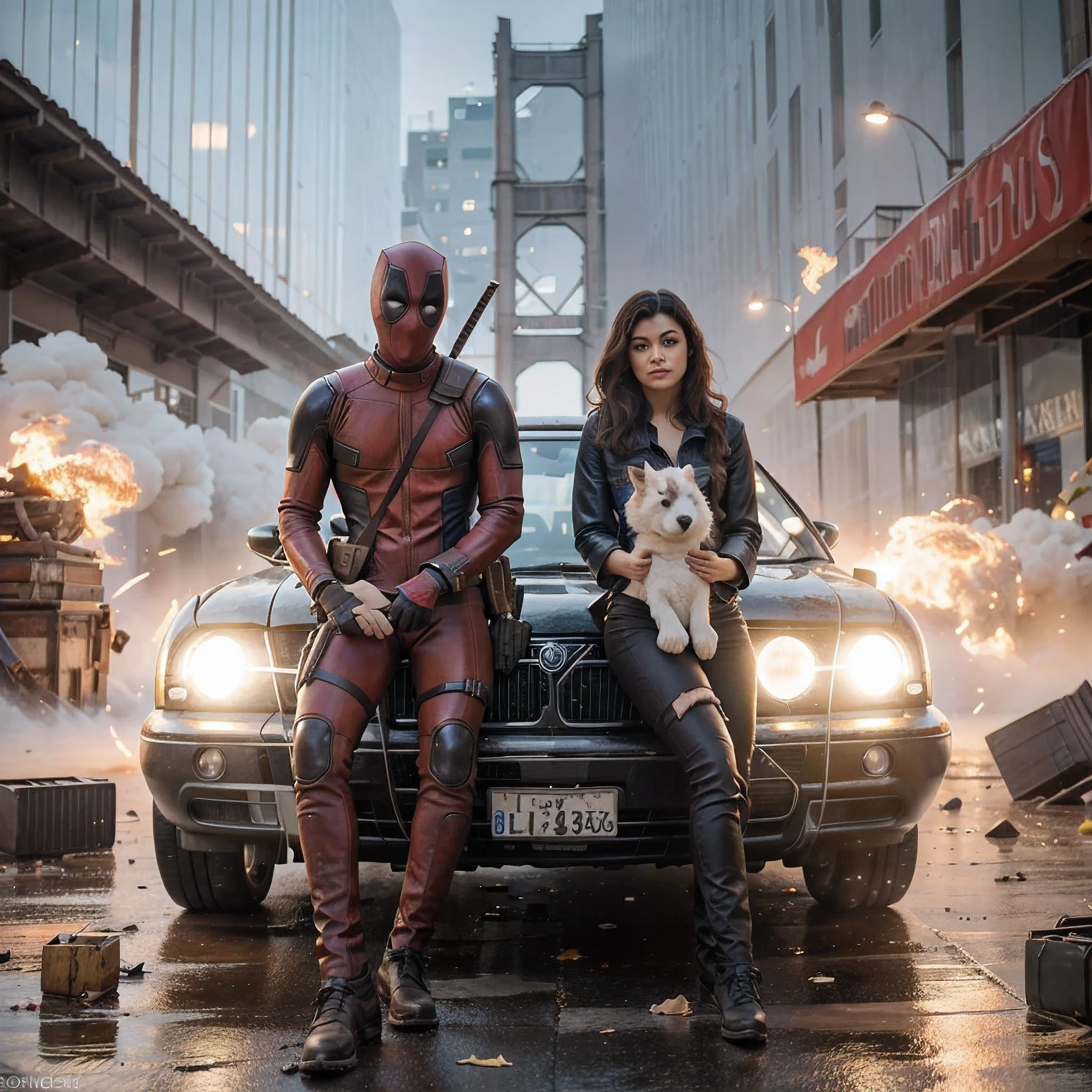 Photo professionnelle, hyper realistic, photo realistic, 8K , ultra-realistic,  beau contraste, beautiful lighting, beautiful colorimetry , film photographique, personnages de Deadpool et Vanessa Morena Baccarin, poubelle , strange position, pistolets à la main, merveille, Wade Wilson , Pont San Francisco , humour , Deadpool avec sa  peluche de licorne Blanche dans les painscde Vanessa , dynamique, cascade voiture Dodge,  explosion, Feu, balles, fusils , flying debris , douilles 