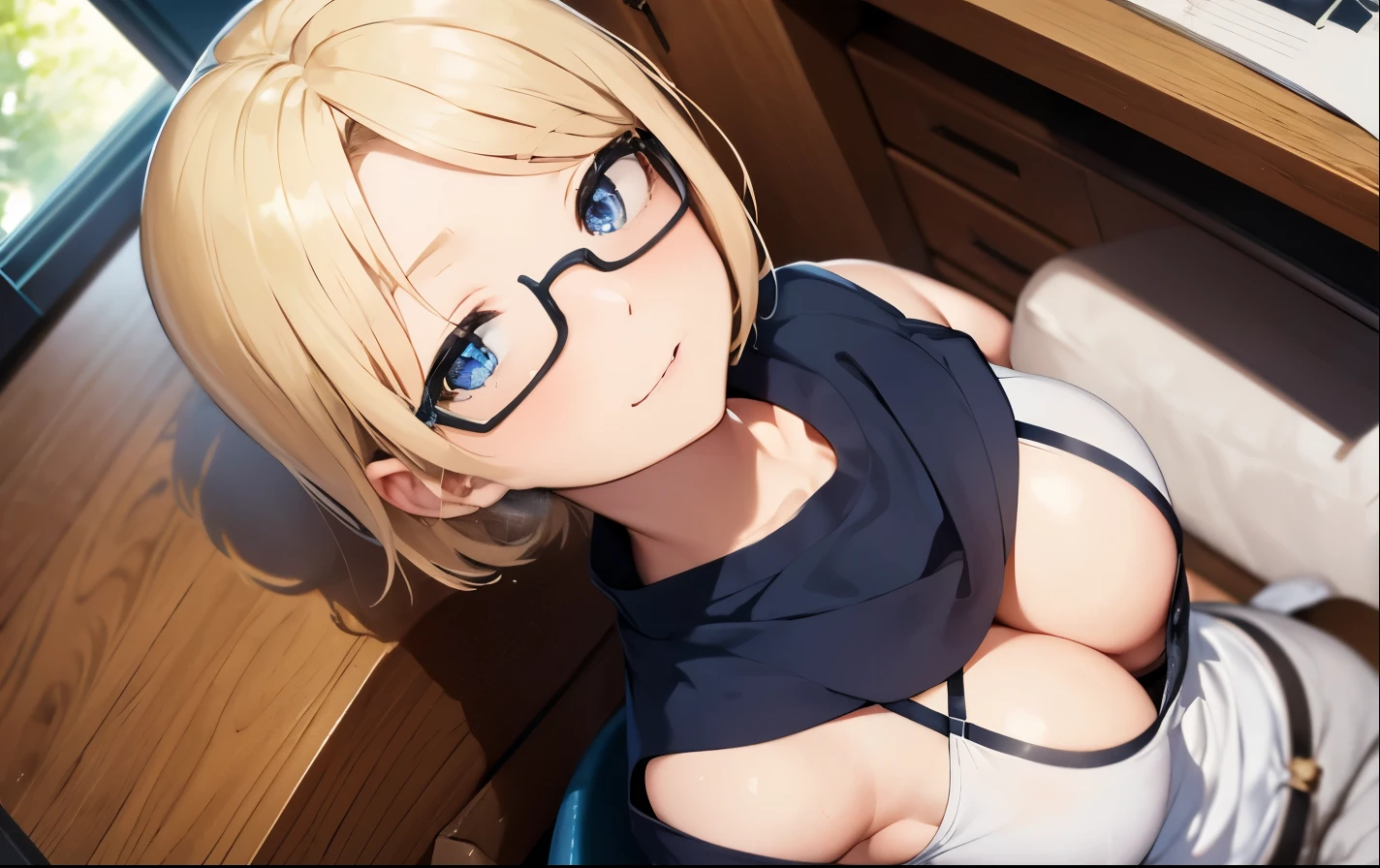 High resolution, 2D anime style,,Blue eyes beautiful eyes,high and beautiful nose,thin face,blonde boyish short hair,cool adult woman,chest is a little big,She looks very happy,bite'lips, she wears glasses,she narrows her eyes,Fashion that shows cleavage,study at a desk by the window,sit on a chair,I'Iはイヤホンをつけています,In a forest house surrounded by nature