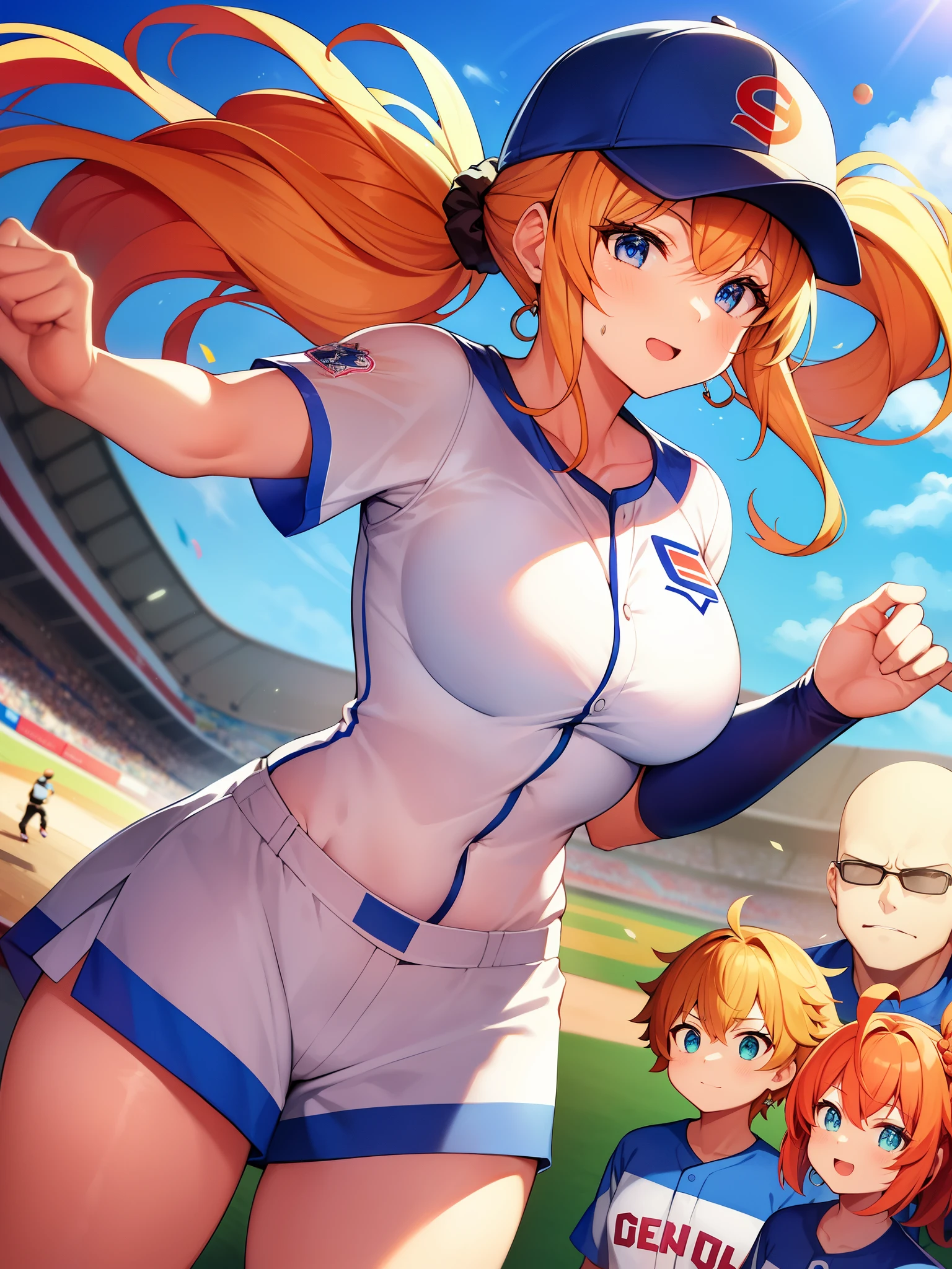 One Punch Man、baseball Ground、Captain Mizuki、captain、（（（MLB：major league baseball）））＋＋＋、（（（baseball player）））＋＋＋、（（（baseball uniform）））＋＋＋、（（（baseball ball and baseball glove）））＋＋＋、（（（baseball hat）））＋＋＋、（（（pitching form）））＋＋＋、（（（pitching form）））＋＋＋、With a bright and cheerful personality、Uses a variety of attack methods with track and field motifuscular big breasted mature woman、muscular big breasted mature woman、８head and body、A stunning six-pack peeks out through her clothes.、Baseball shoes and wristbands on both hands that boast a well-trained, toned, supple body、earrings on both ears、Her long, voluminous hair is tied up with a scrunchie.。It is located slightly to the left of the top of the head.、Between pineapple hair and side tail、orange hair blue eyes、