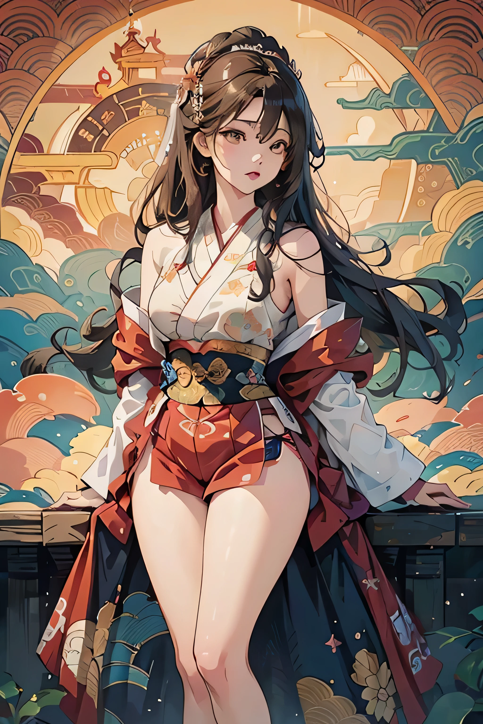 ((8k wallpaper of extremely detailed CG unit, masterpiece, hight resolution, top-quality, top-qualityのリアルテクスチャスキン)), (a very beautiful woman, Plump lips, The upper part of the body, Japanese pattern blouson:1.2, Japanese pattern micro mini shorts:1.2), (A dark-haired, hair messy, de pele branca, small tit), ((Colorful background with geometric patterns, Japanese pattern background, warm color)), (hyper realisitic, digitial painting),nsfw,slender body shape,