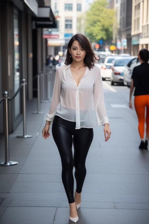 NSFW, ((Best quality, 8k, Masterpiece: 1.3)), (Reality: 1.4), Ultra high resolution, Photorealism, (Crowd in the city), (One woman), ((Walking)), (( Head, chest, upper body, lower body)), ((looking forward)), Age 43 years old, (gentle personality), ((looking straight ahead)), ((calm expression)), (wrinkles at the corners of the eyes), Black hair , Straight long, (white blouse: 1.5), ((orange leggings)), ((tight silhouette)), (red high heels), (cleavage), (Slim body: 1.2), small breasts, (erect nipples: 1.0), (cameltoe),