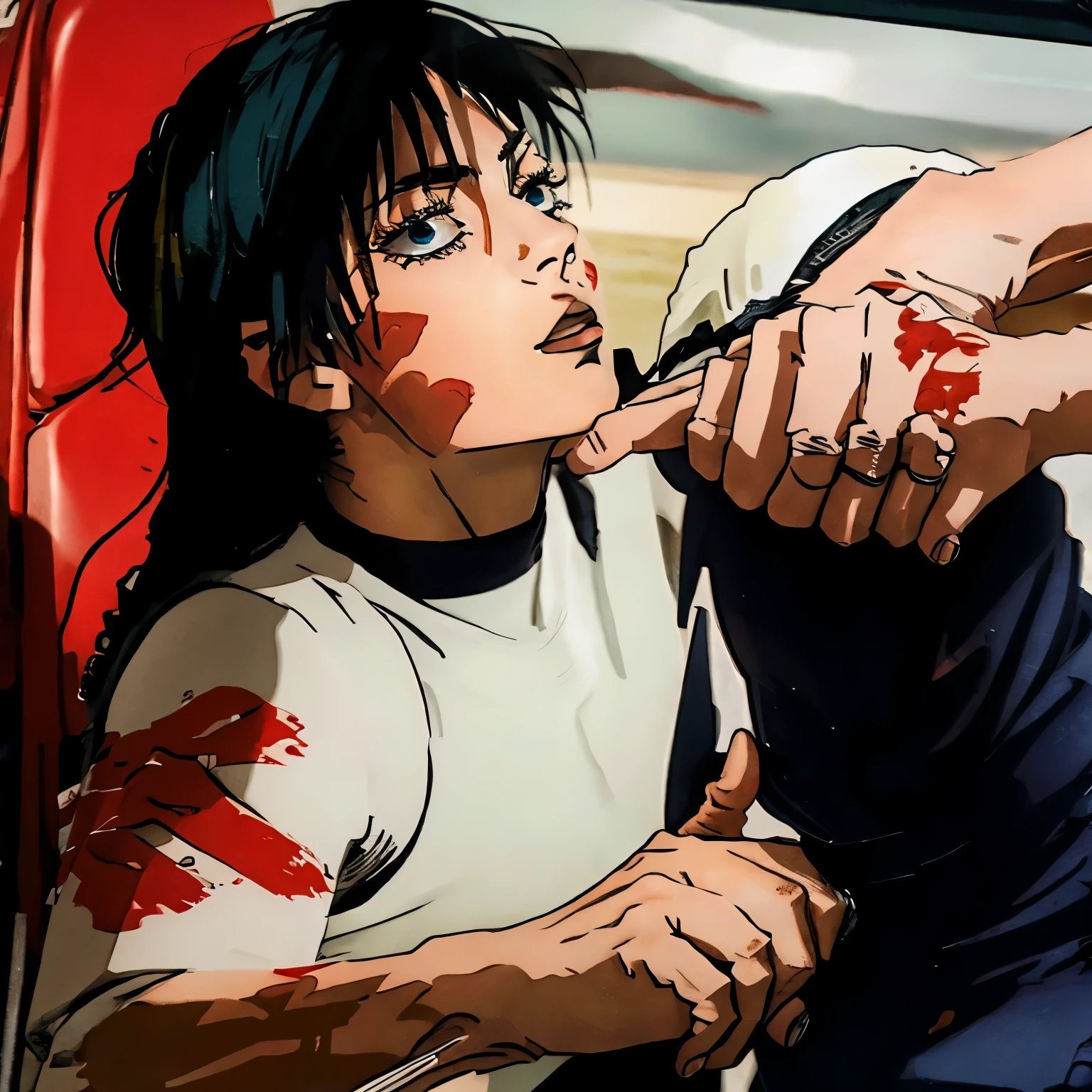 Black hair girl with dark blue eyes is fighting someone, bloody hands