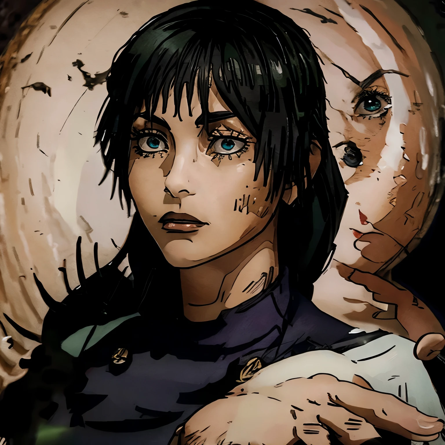 Black hair girl with dark blue eyes is fighting someone, bloody hands
