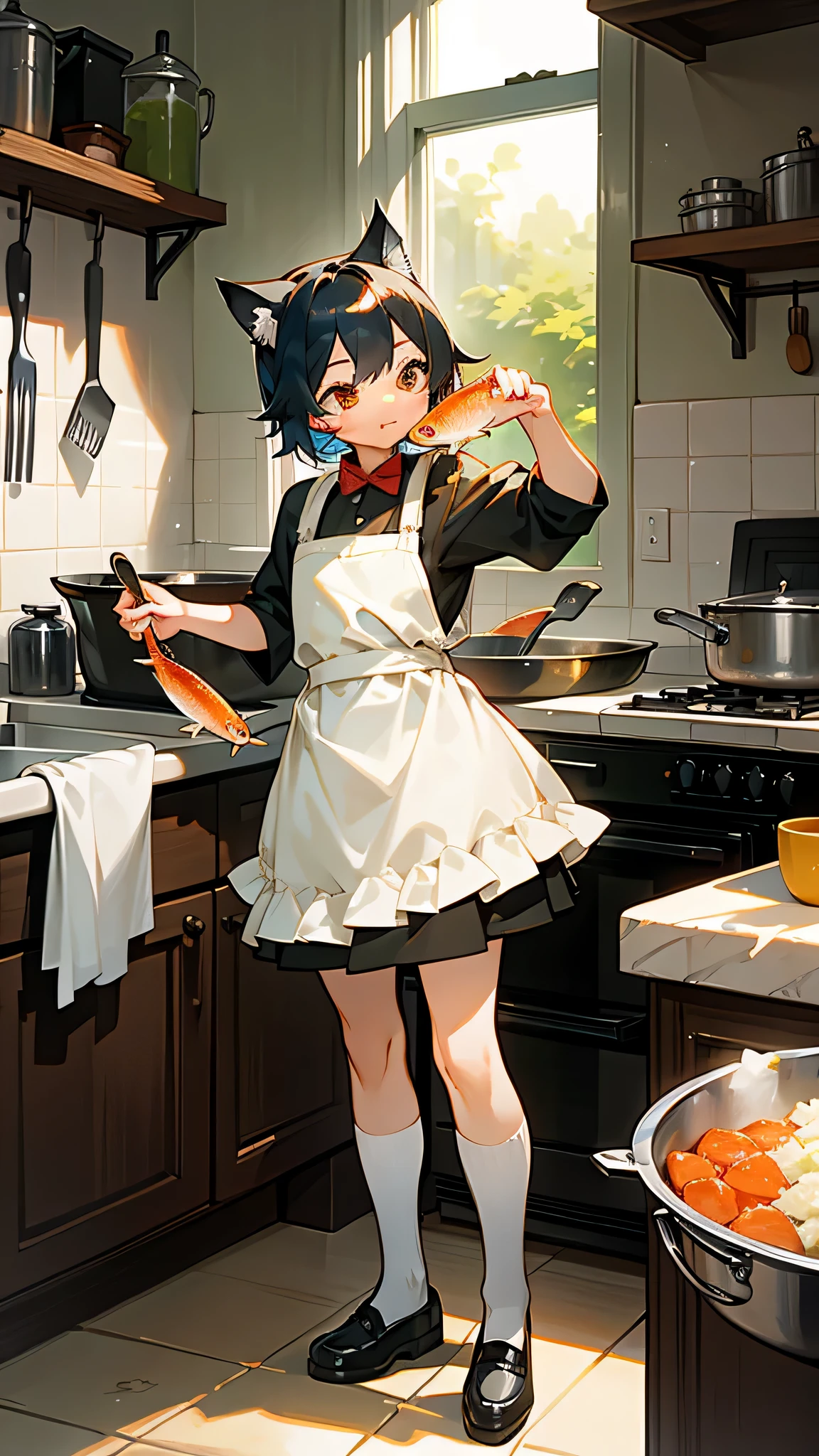 adorable cat wearing an apron, Stand well on your hind legs, Preparing fishmeal in a fraction of the time, lively kitchen, number of small utensils々surrounded by.