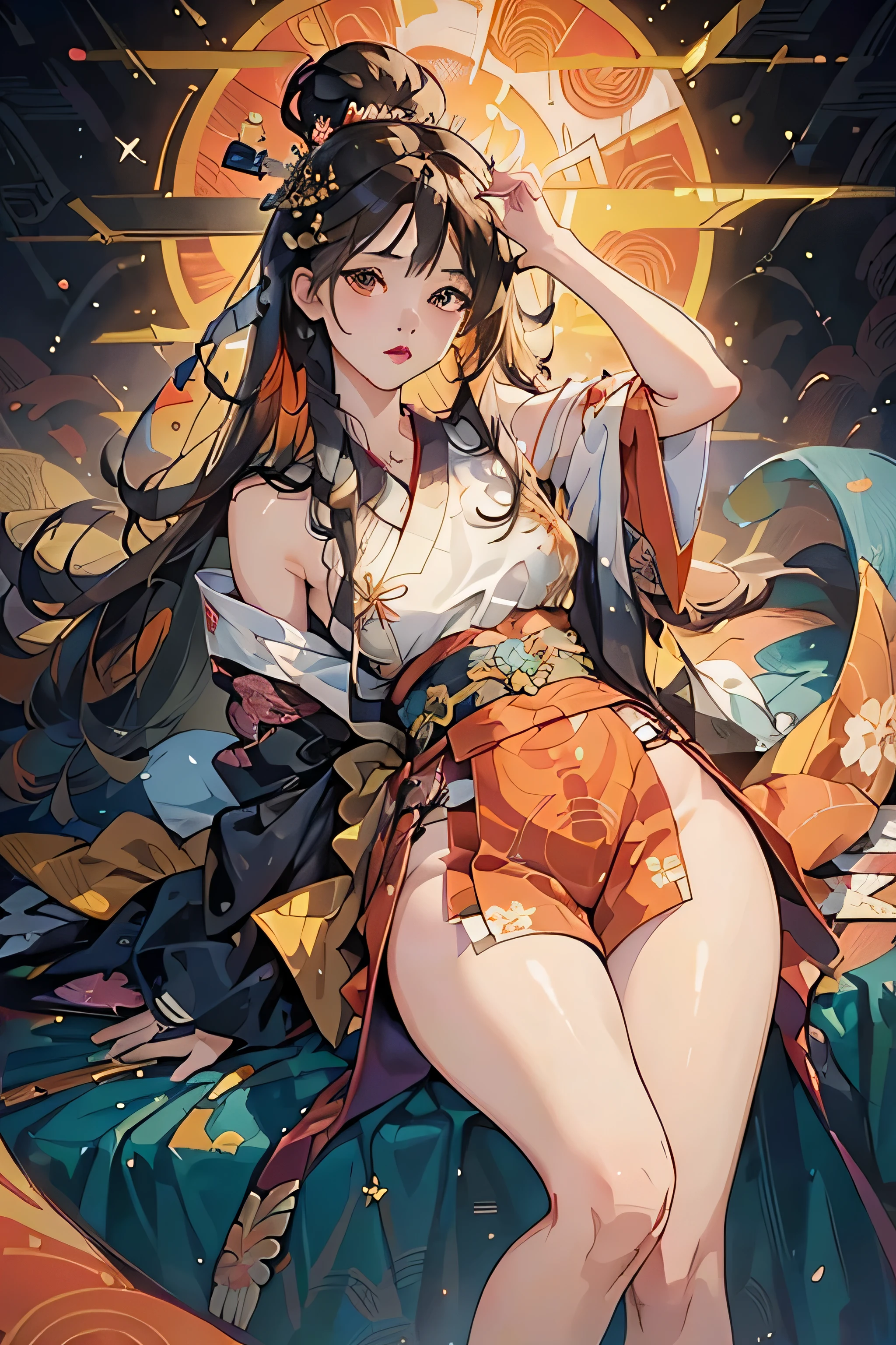 ((8k wallpaper of extremely detailed CG unit, ​masterpiece, hight resolution, top-quality, top-qualityのリアルテクスチャスキン)), (a very beautiful woman, Plump lips, The upper part of the body, Japanese pattern blouson:1.2, Japanese pattern micro mini shorts:1.2), (A dark-haired, hair messy, de pele branca, small tit), ((Colorful background with geometric patterns, Japanese pattern background, warm color)), (hyper realisitic, digitial painting),nsfw,slender body shape,
