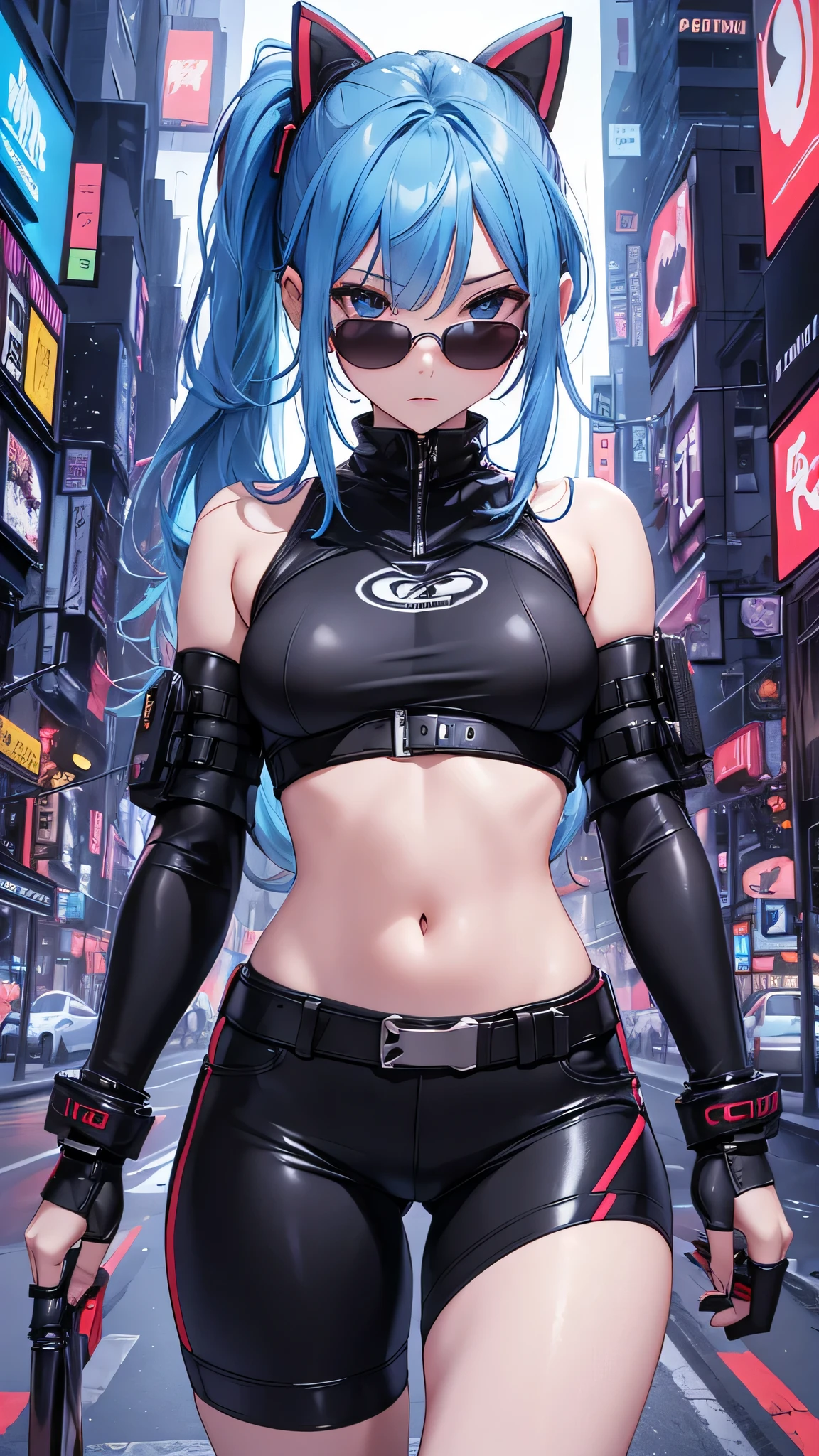 最high quality、best image quality、masterpiece、girl((20-year-old、 By becoming、vest bust、medium bust,wide open breast tea、shining eyes, light blue hair、long hair、thin,highest valley、ponytail、action of looking up、right arm bandage、Black shirt with wide open chest、berry shorts、cool pose、holding a black smartphone、Cyber Sunglasses、Ride a cool bike、Run)),high quality、beautiful art、background((cyberpunk city、punk house))、Flight、debris flies、Depth of written boundary、movie、visual art、perfect art、8k,genuine、