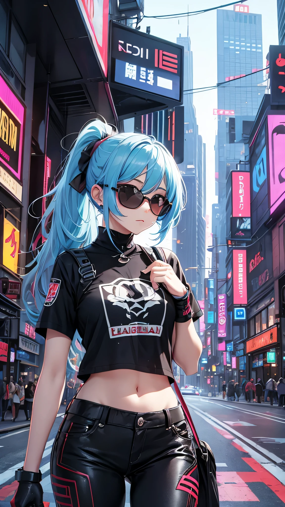 最high quality、best image quality、masterpiece、girl((20-year-old、 By becoming、vest bust、medium bust,wide open breast tea、shining eyes, light blue hair、long hair、thin,highest valley、ponytail、action of looking up、right arm bandage、Black shirt with wide open chest、berry shorts、cool pose、holding a black smartphone、Cyber Sunglasses、Ride a cool bike、Run)),high quality、beautiful art、background((cyberpunk city、punk house))、Flight、debris flies、Depth of written boundary、movie、visual art、perfect art、8k,genuine、