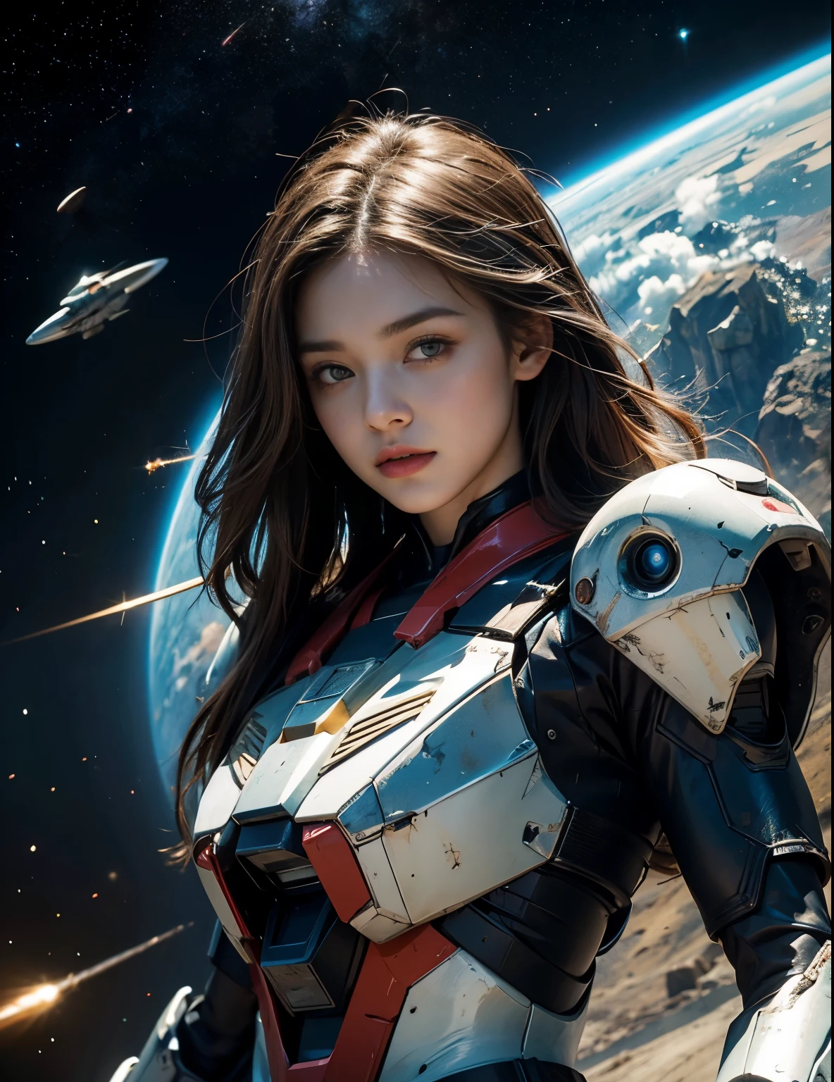rough skin, Super detailed, advanced details, high quality, 最high quality, High resolution, 1080p, hard disk, beauty、She wears a futuristic gundam mecha(gundam), light brown hair, space background, Bright colors