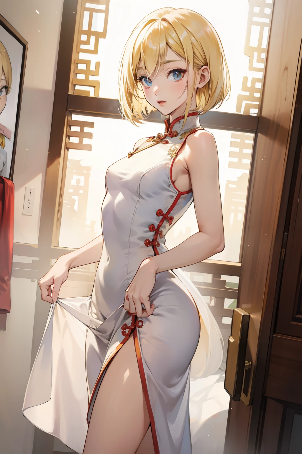 score_9, score_8_up, source_anime, solo, 1girl, tomboy, dress, hellsing, lole, young, ((aged down)), ikuchan, blonde hair, blonde hair, oriental, Chinese dress, short dress, short hair, indoors, 