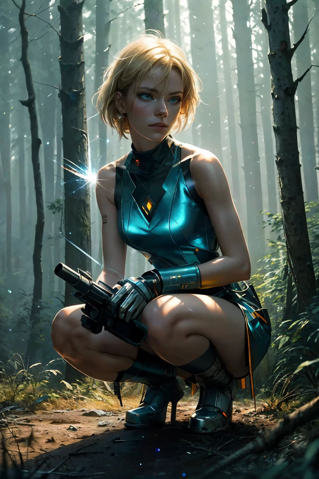 (Top Quality, 4K), Beautiful Fairy Woman with Blonde Hair and Blue Eyes, Crouching in a serene forest near a sparkling river, Blue mini dress clinging to her slender figure, Cinematic and Epic still from a Steven Spielberg movie, Sharp focus showcasing intricate details, Emitting soft diode lights, Surrounded by a mystical atmosphere, Smoke rising gently from the forest floor, Artillery shells distant in the background, Sparks flying from a system unit or motherboard in the background, Racks filled with electronic components, By Pascal Blanche Rutkowski, Inspired by Repin's artstation hyperrealism painting, Character
