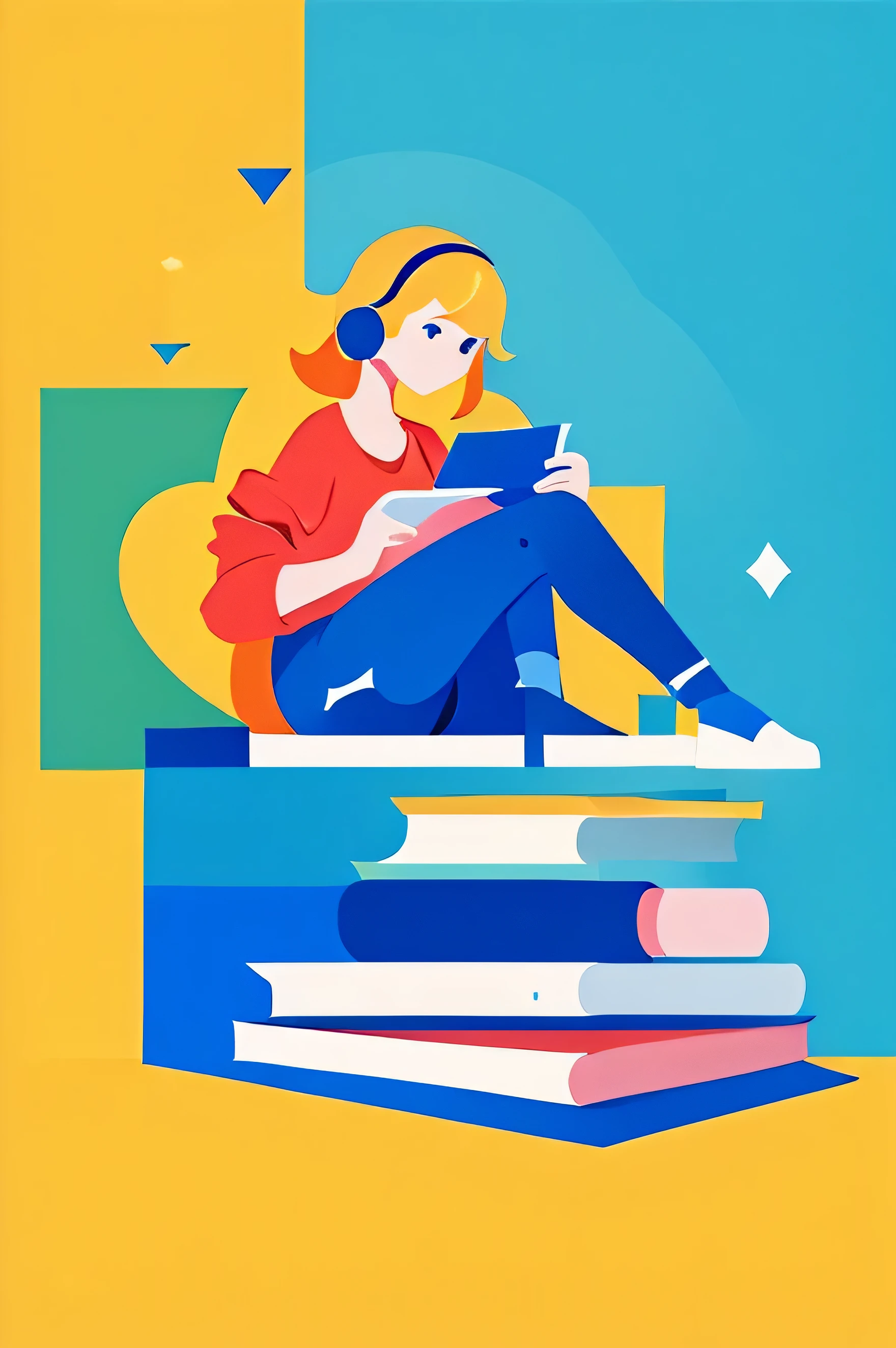 Une femme assise sur une pile de livres avec un ordinateur portable. Elle est concentrée, eyes directed to the left at the top with determination. She is wearing headphones with speakers, symbolisant son immersion dans la langue espagnole. Les livres sous elle affichent des couleurs de base telles que le rouge, le jaune et le vert. pas de fond, mais un drapeau espagnol. Cette illustration conviendrait parfaitement comme avatar pour un site web d'apprentissage de l'espagnol.