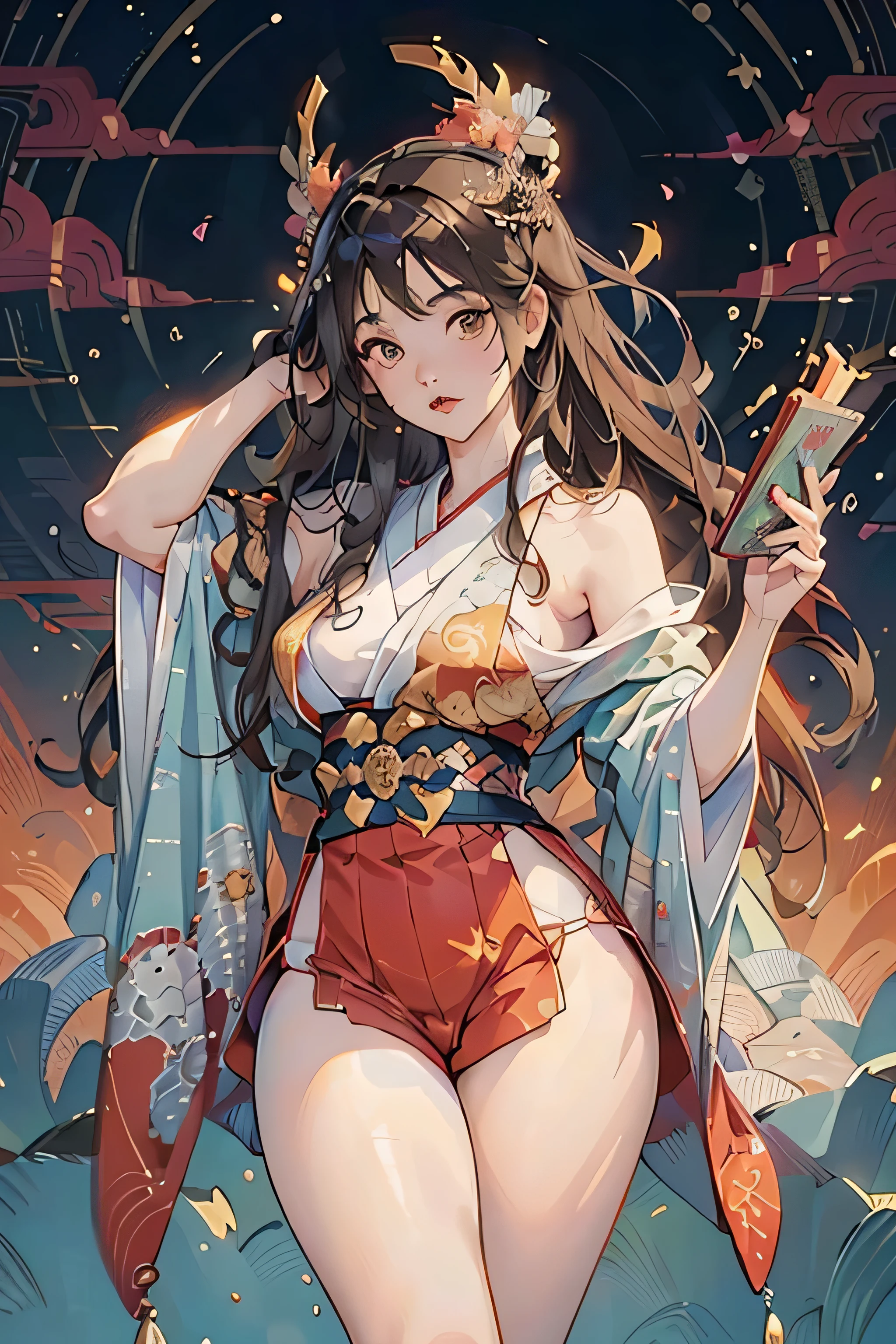 ((8k wallpaper of extremely detailed CG unit, masterpiece, hight resolution, top-quality, top-qualityのリアルテクスチャスキン)), (a very beautiful woman, Plump lips, The upper part of the body, Japanese pattern blouson:1.2, Japanese pattern micro mini shorts:1.2), (A dark-haired, hair messy, de pele branca, small tit), ((Colorful background with geometric patterns, Japanese pattern background, warm color)), (hyper realisitic, digitial painting),nsfw,slender body shape,