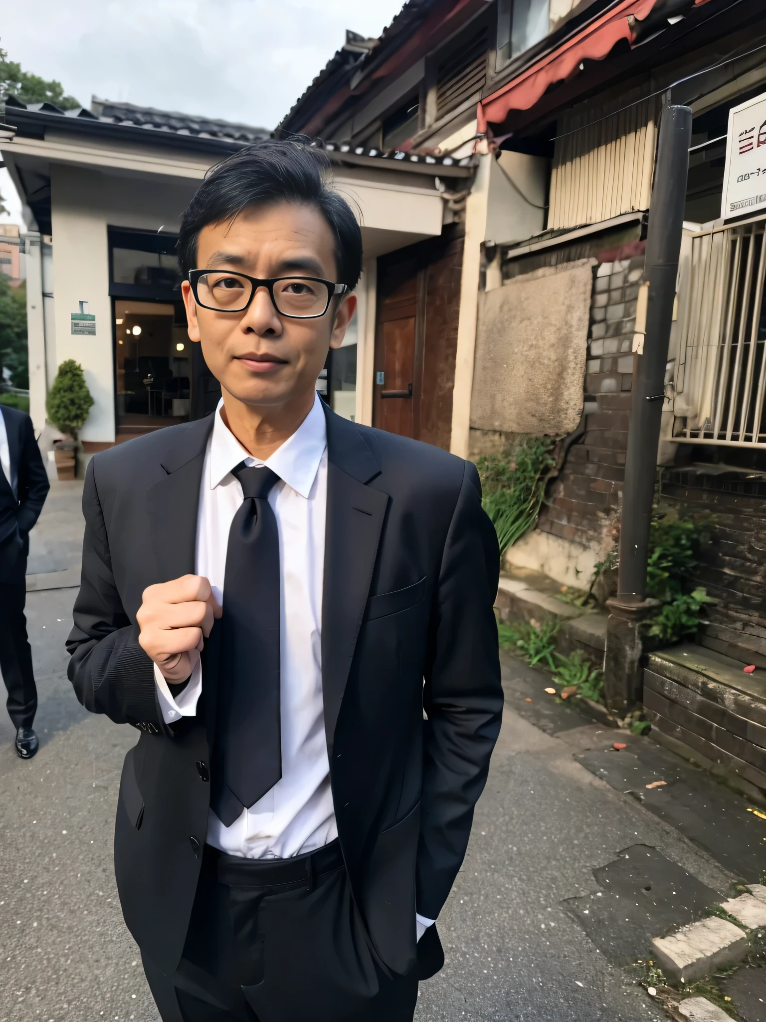 1 uncle,50 years old、Salesman,lightweight,black suit,Glasses,whole body