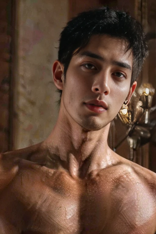 (((nipple chain)), upper body), indoor, armpit, arms behind head, pectoral focus, from below, embarrassed face,, background of dark room, bed, man, facial hair, sad face, open mouth, sweat, bara, mature, ((black hair)) (homoerotic), masterpiece, highly detailed face and skin, hyperrealistic, male only, bara, mature, stubble, muscular male, handsome, male focus,