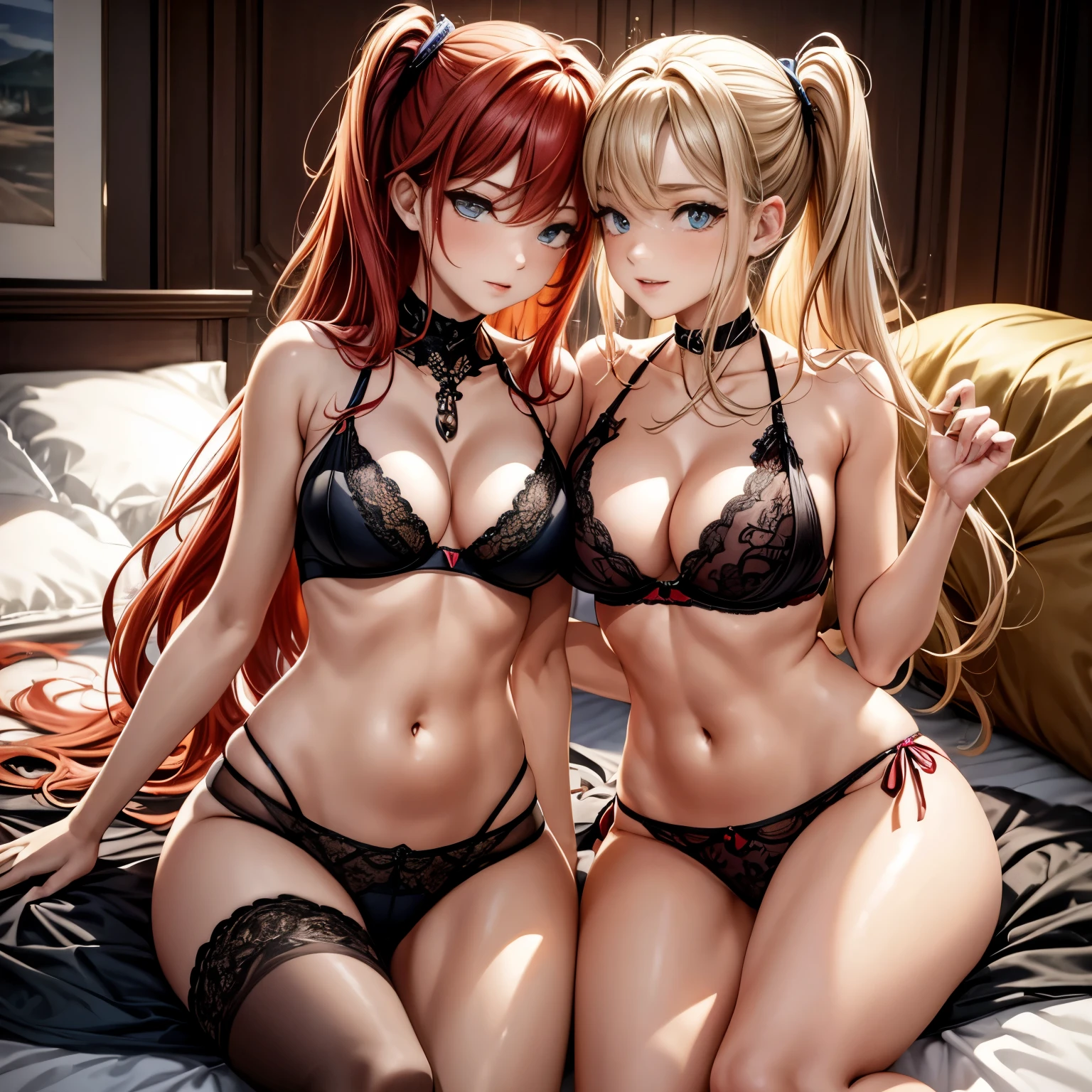 Two playful girls, one with flowing blonde locks and the other with fiery red hair, engage in a tender display of intimacy. Their bodies intertwine as they explore each other's curves, the air thick with anticipation. With legs spread open, their discarded panties lay forgotten on the floor, while a delicate bra dangles from a nearby hook. Embracing their vulnerability, the naked girls move with a passion that ignites the room, their every movement a dance of desire.