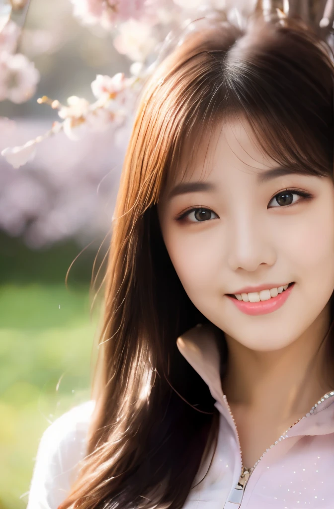 (22 year old woman), zip up shirt,big breasts:1.3,saggy breasts:1.2,,pink skirt,spring,Full bloom cherry blossoms,under the cherry tree,(maximum resolution: 1.4), (Super high quality: 1.2), cinematic light, Super high quality, (beautiful eyes and skin), (detailed facial features), 8K resolution, perfect style, beautiful expression、Highly detailed face and skin texture、detailed eye、double eyelid、glitter eyeliner:1.2、shiny skin、pure white skin:1.8、white skin:1.8、glossy lips:1.2,((full body shot))、(very charming smile:1.3),straight long hair