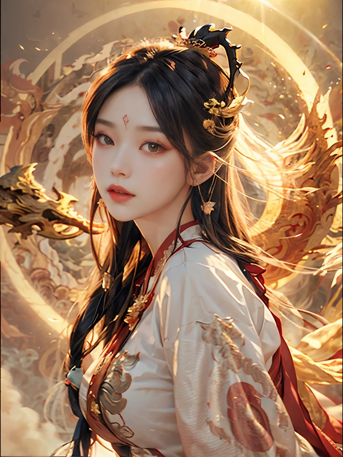 Close-up of a woman wearing a dragon dress on her head，Chinese fantasy，beautiful digital artworks，Ross Tran 8 K，xianxia fantasy，Fenghua Bell，Chinese style，Dragon-inspired cloth robe，Ross Tran和Wlop，