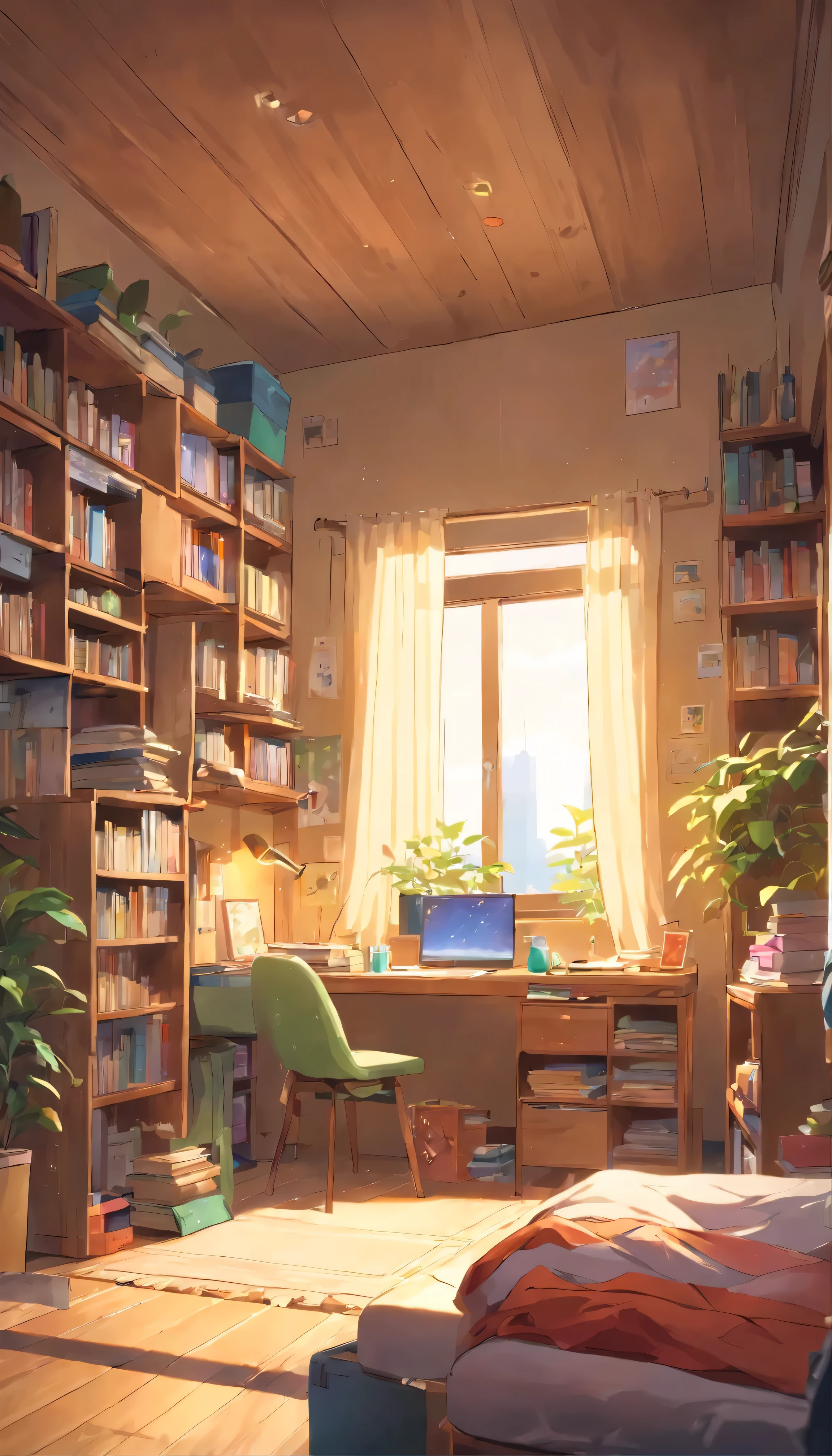 (La mejor calidad,4k,High resolution,Obra maestra:1.2),Ultra detallado,fotorrealista:1.37,Scruffy bedroom with no one in,Calcetines desiguales debajo de la cama, Pantalones en el suelo,Desk drawer full of files and books, Dirty clothes strewn all over the room, Dusty atmosphere with dim lighting,Messy room with an unkempt plant in the corner, Montones de ropa desdoblada, Disorganized bookshelf full of books and trinkets, cortinas hechas jirones,Scruffy bed with crinkled sheets